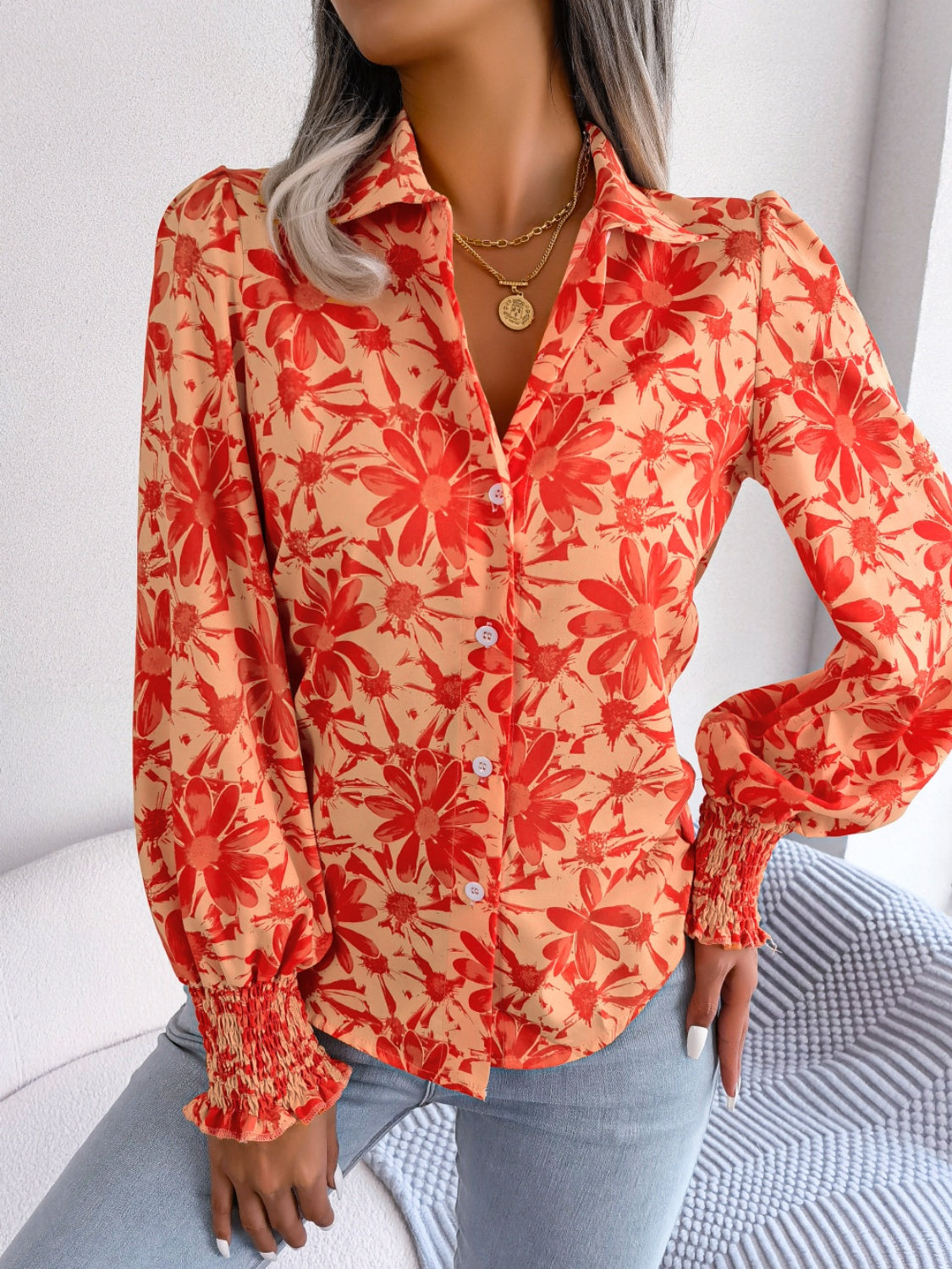 Floral Collared Neck Long Sleeve Shirt