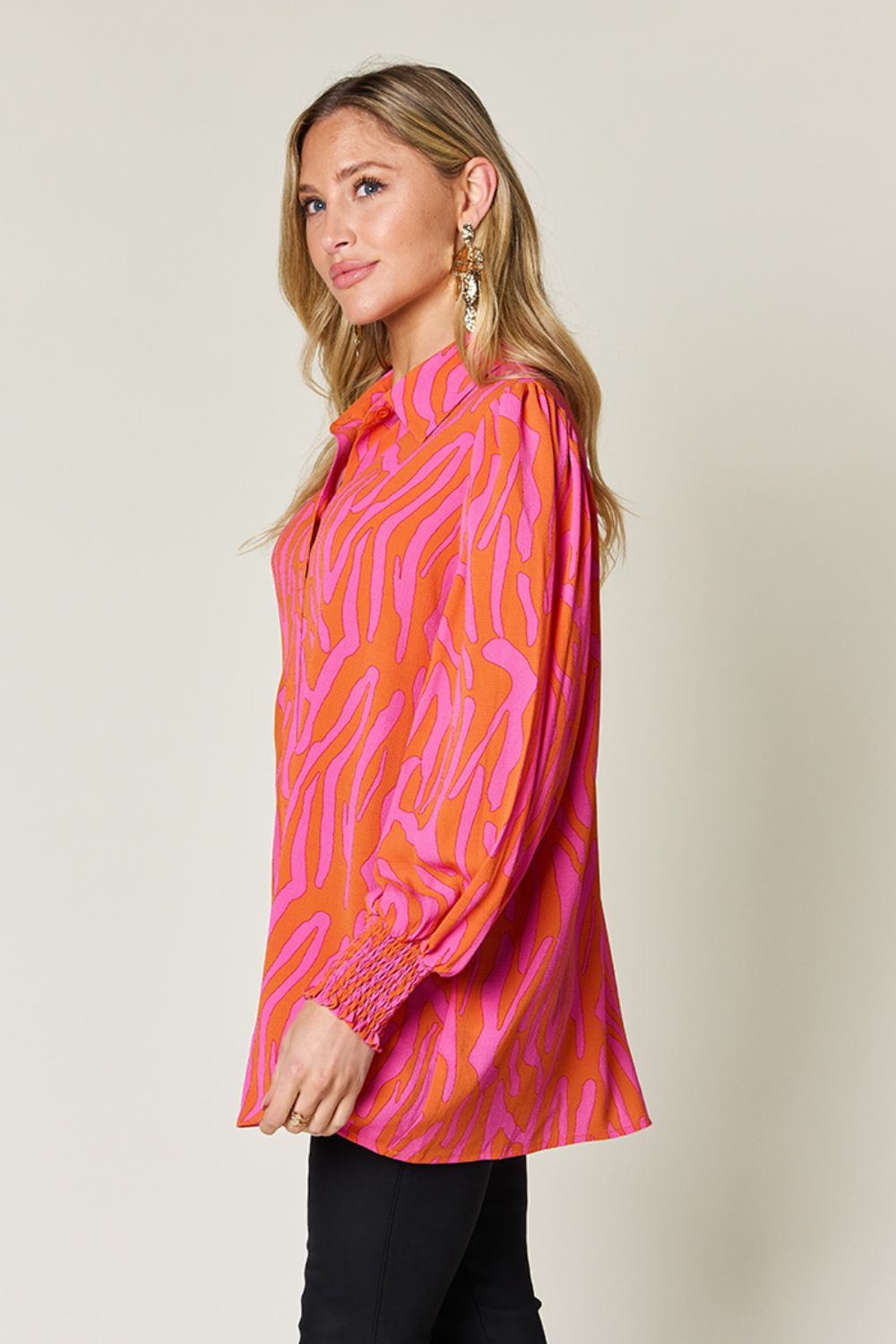 *Double Take* Printed Smocked Long Sleeve Blouse