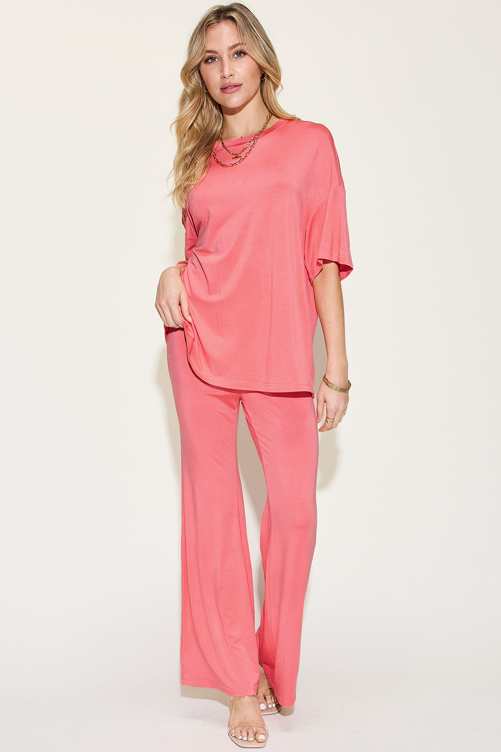 *Basic Bae* Bamboo Drop Shoulder T-Shirt and Flare Pants Set