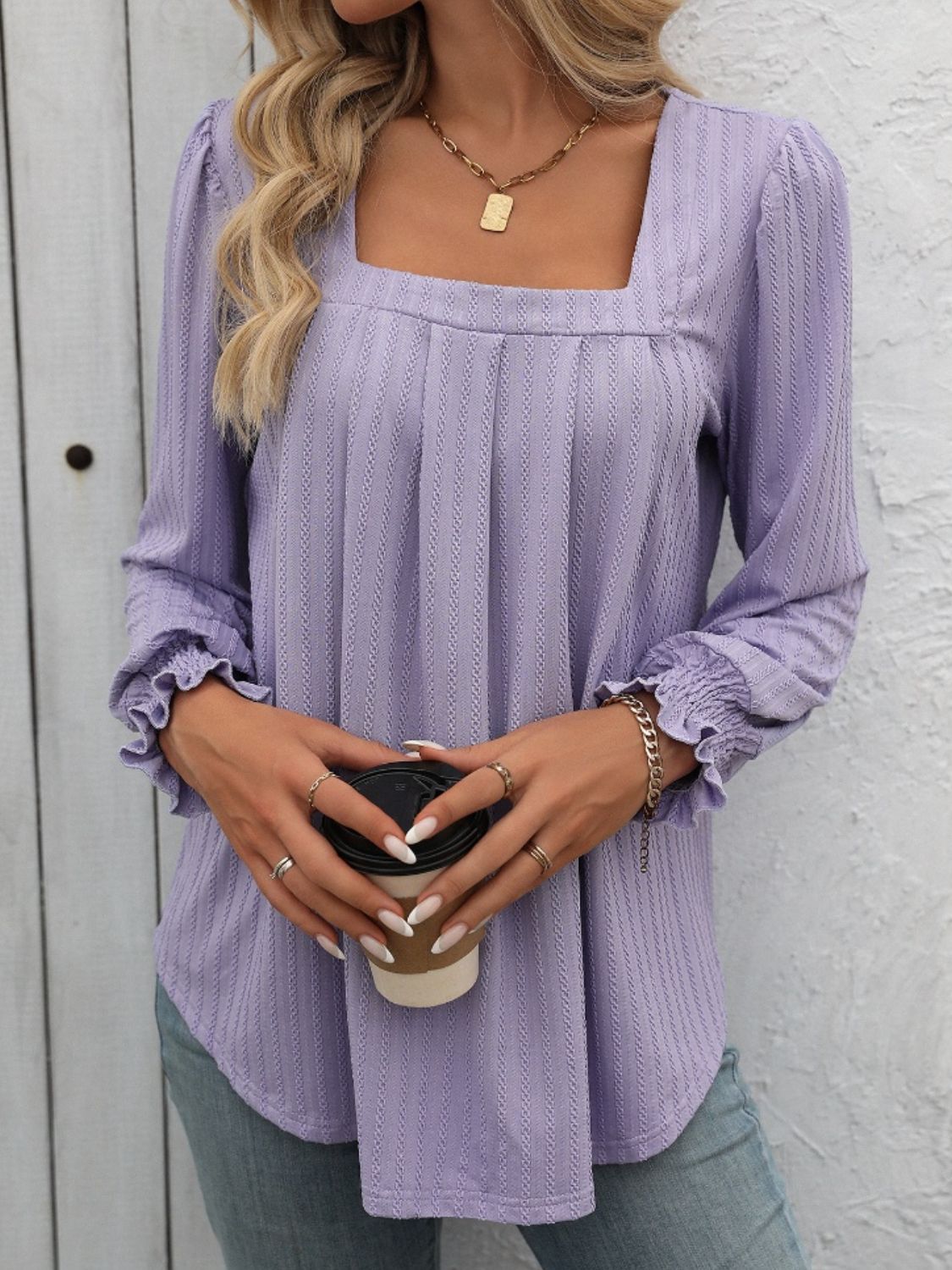 Square Neck Front Pleat Long Sleeve Top