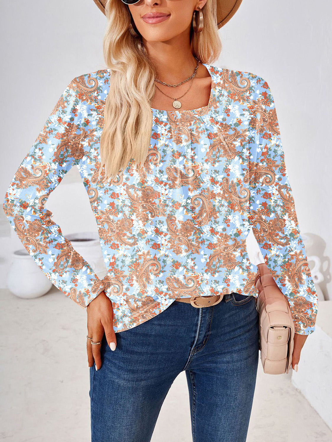 Square Neck Long Sleeve Blouse