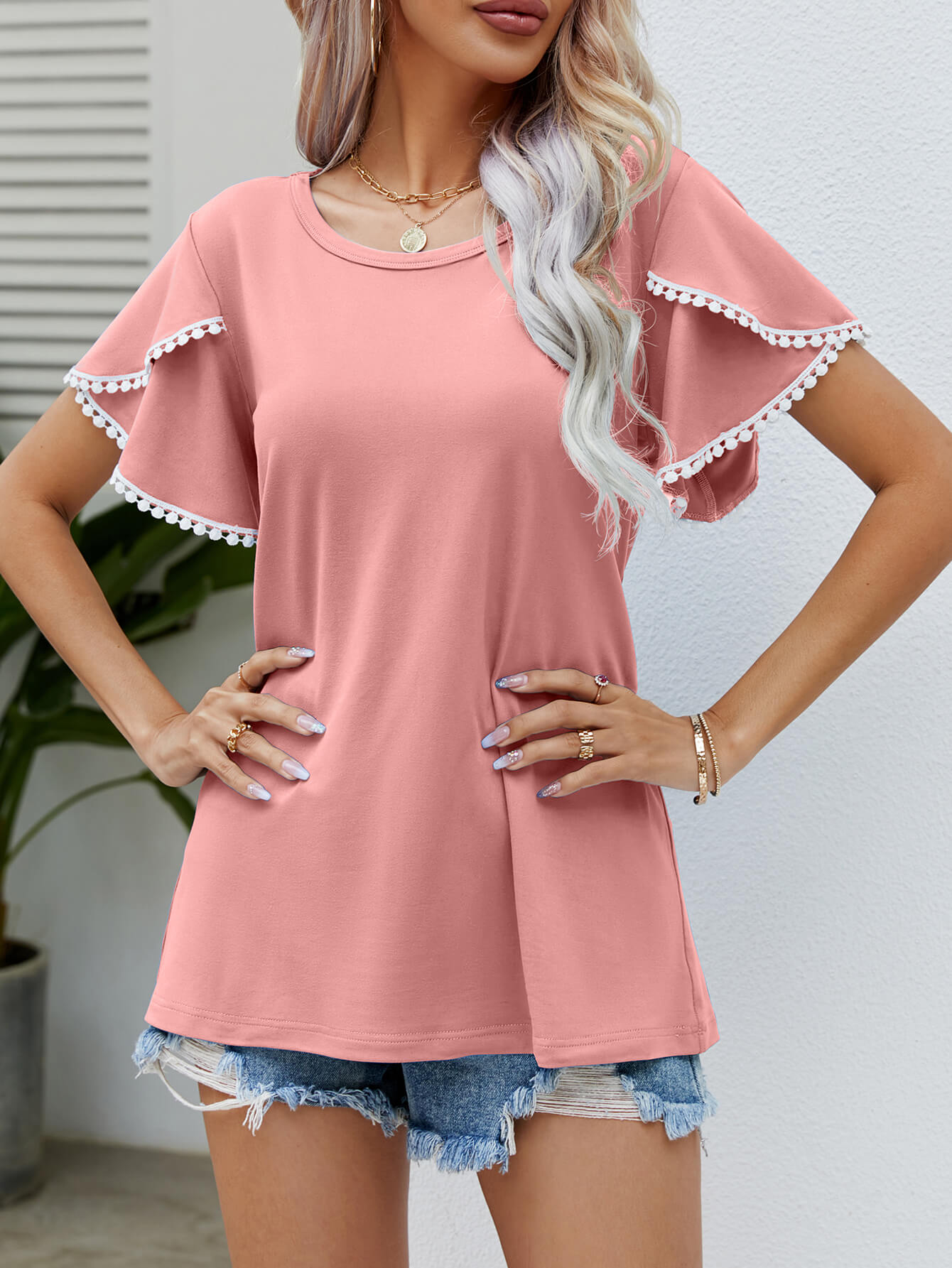 Pom-Pom Trim Flutter Sleeve Tee