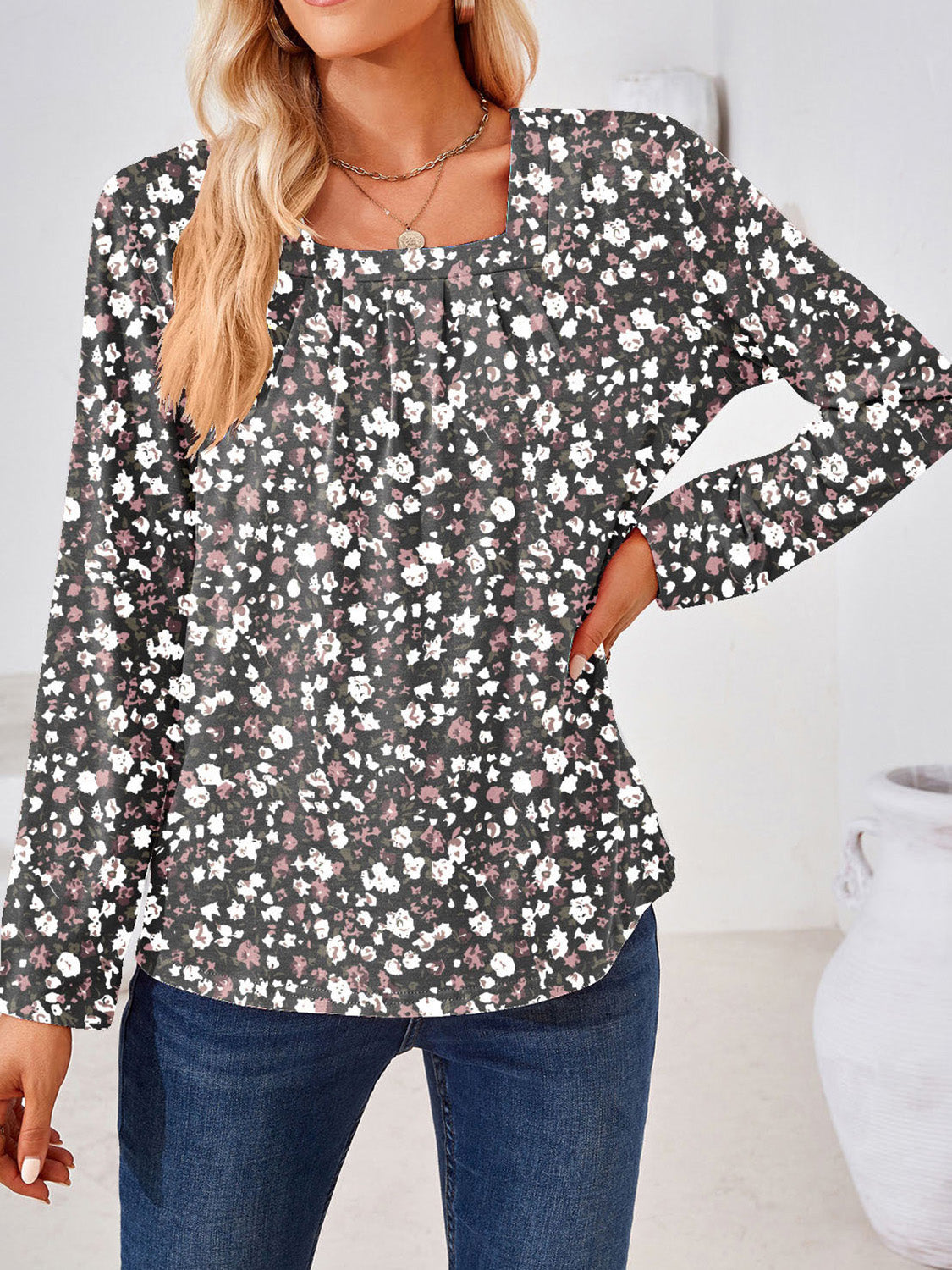 Square Neck Long Sleeve Blouse