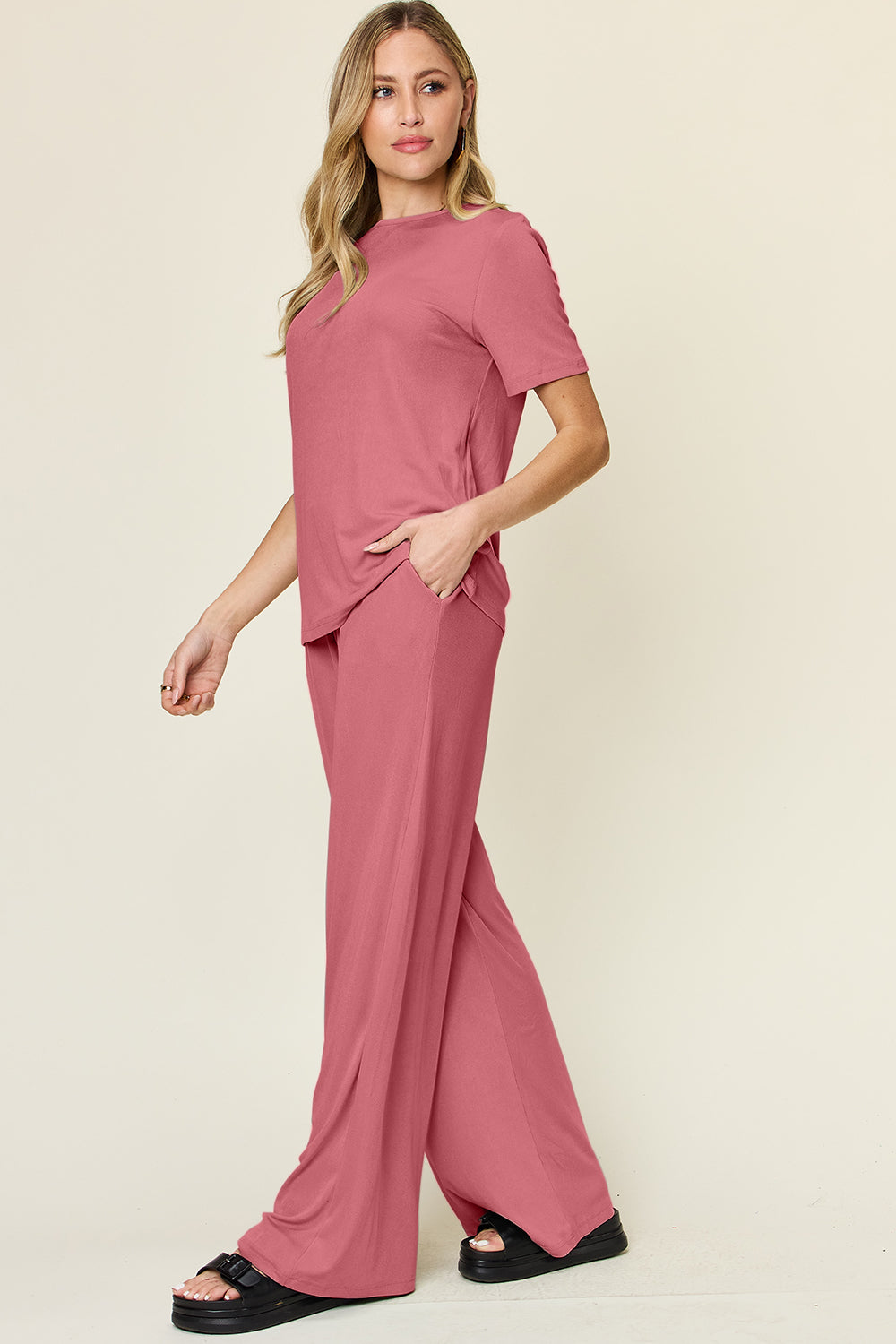 *Double Take* Round Neck Short Sleeve T-Shirt and Wide Leg Pants Set