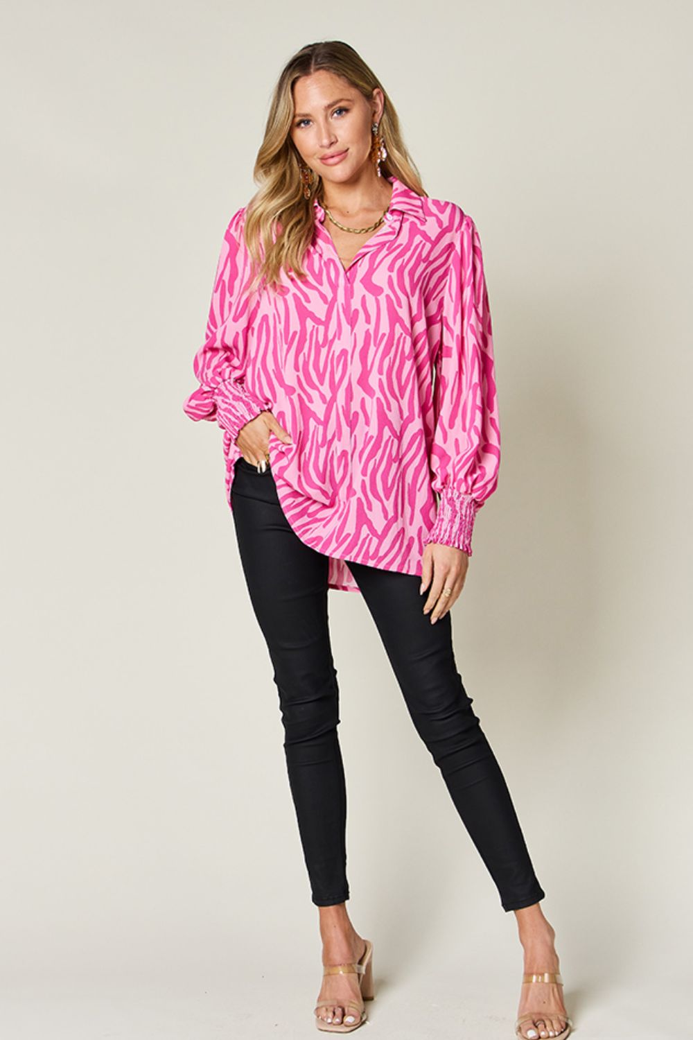 *Double Take* Printed Smocked Long Sleeve Blouse