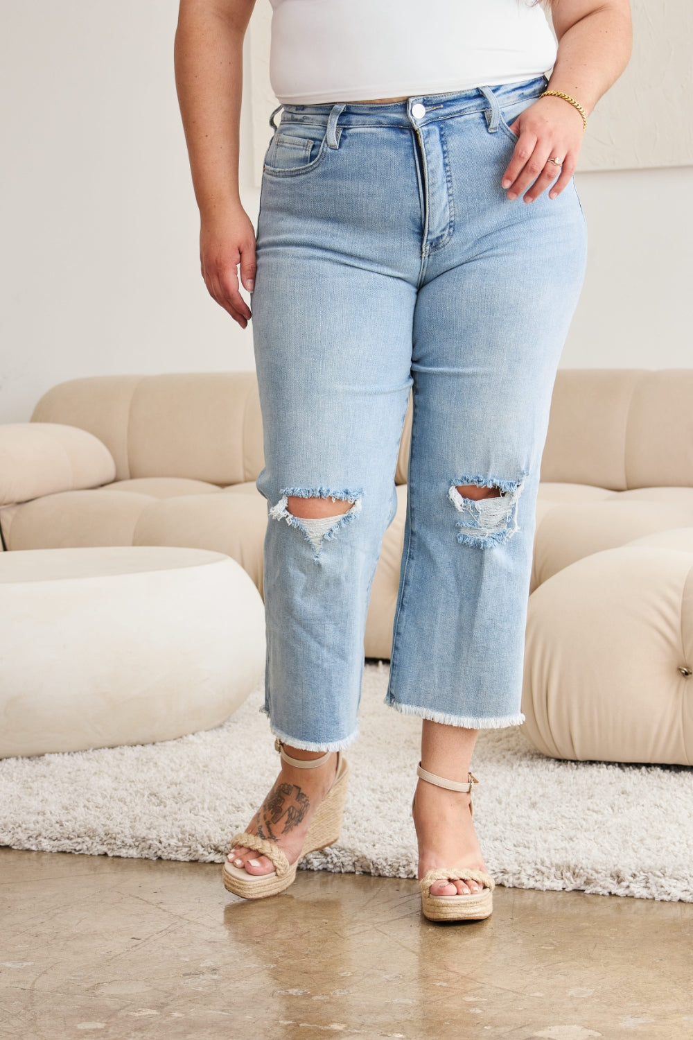 *RFM* Tummy Control High Waist Raw Hem Distressed Jeans