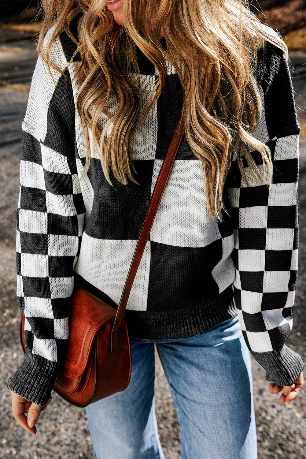 Checkered Round Neck Drop Shoulder Sweater