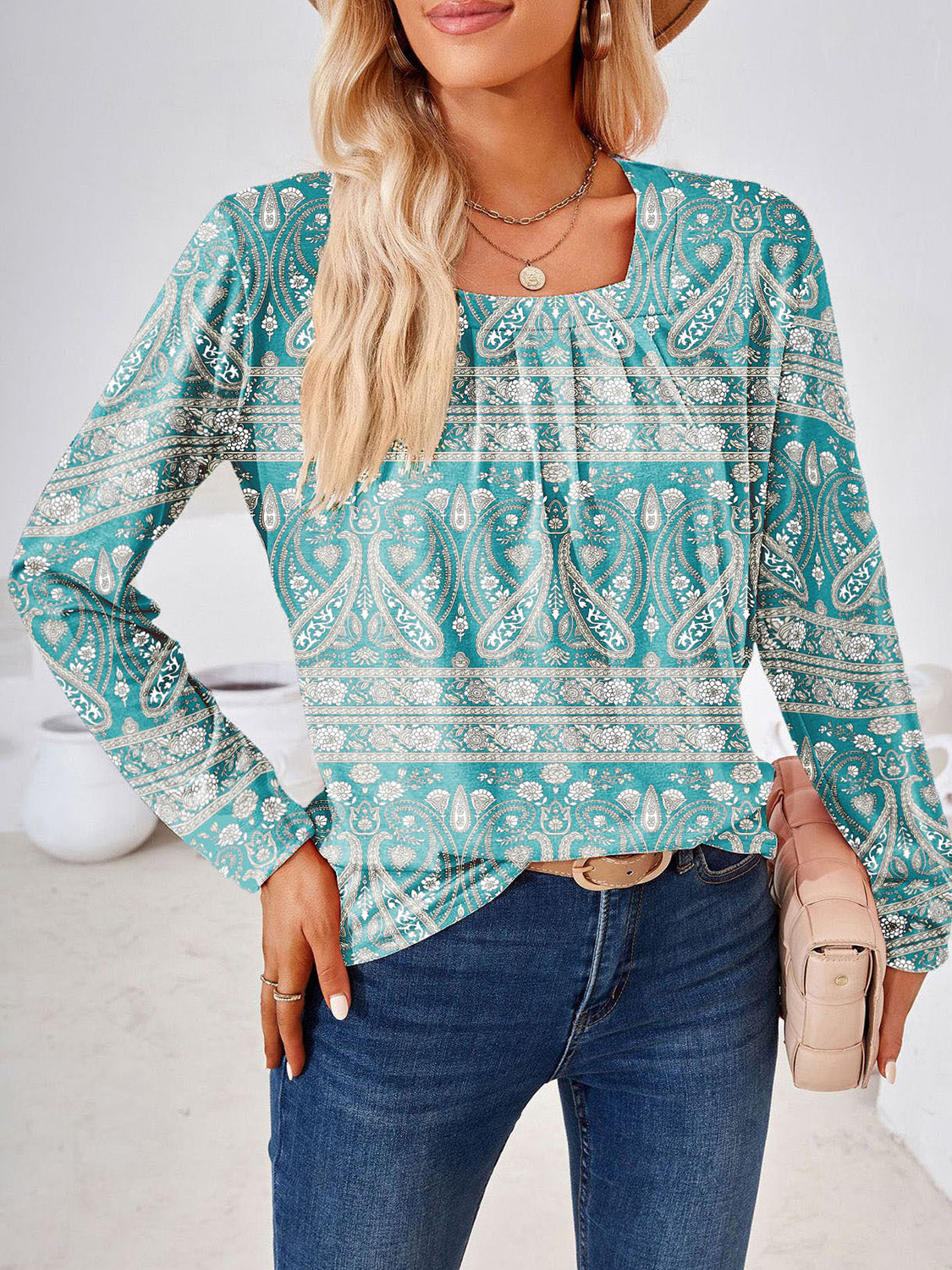 Square Neck Long Sleeve Blouse