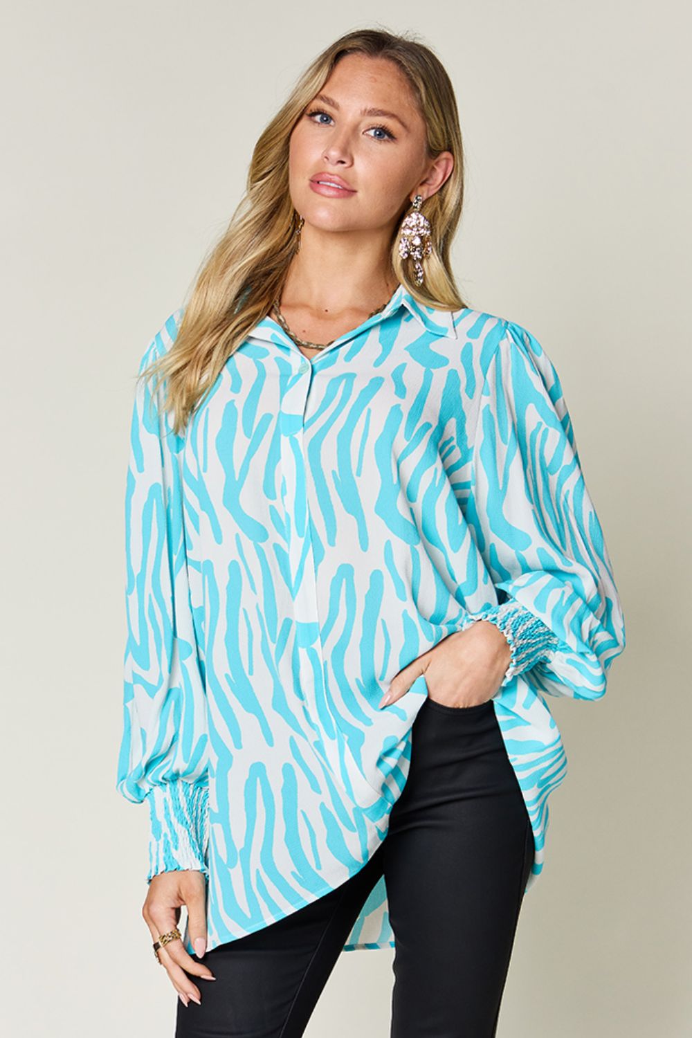 *Double Take* Printed Smocked Long Sleeve Blouse