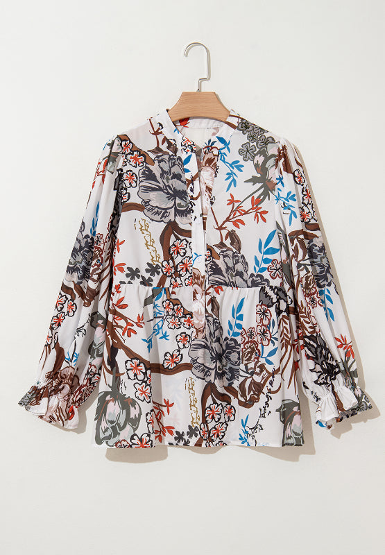 Printed Notched Flounce Sleeve Blouse