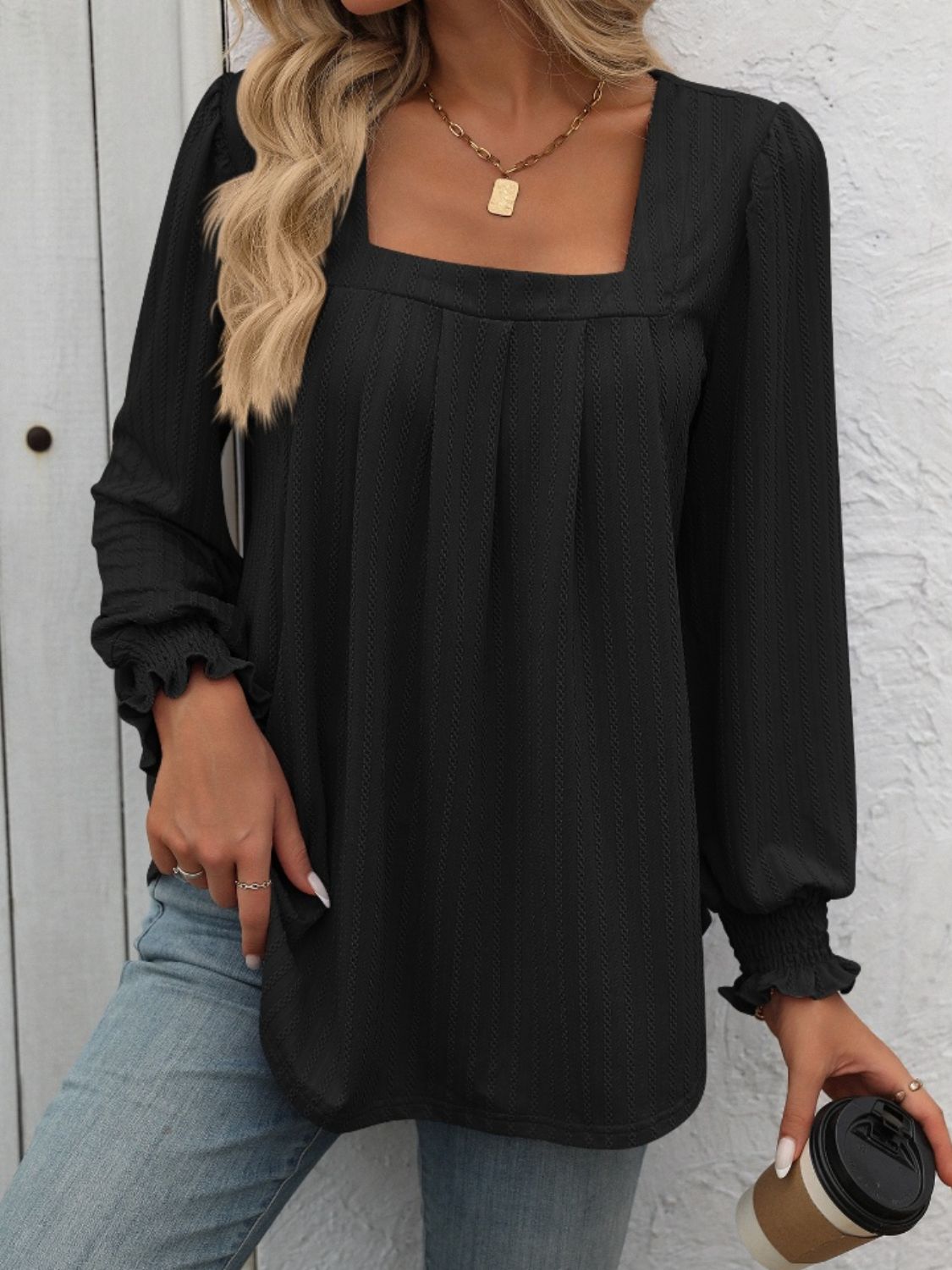 Square Neck Front Pleat Long Sleeve Top