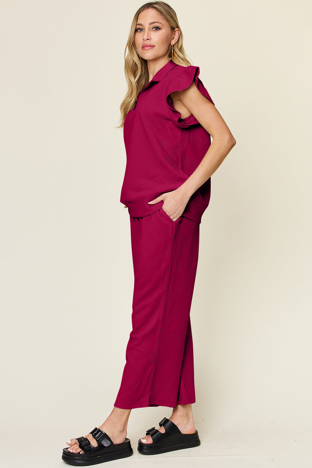 *Double Take* Texture Ruffle Short Sleeve Top and Drawstring Wide Leg Pants Set