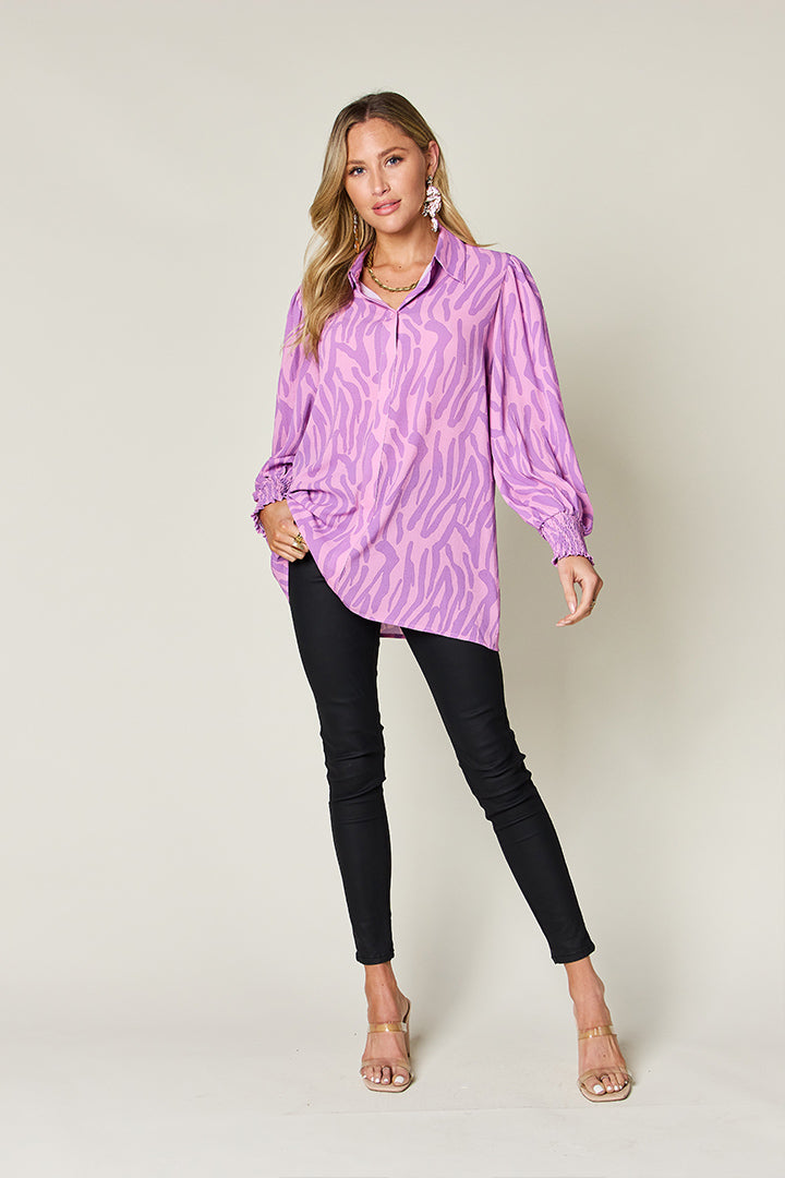 *Double Take* Printed Smocked Long Sleeve Blouse