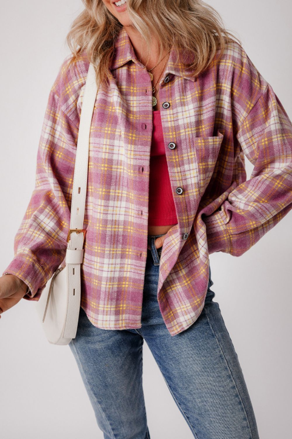 Plaid Collared Neck Button Up Shacket