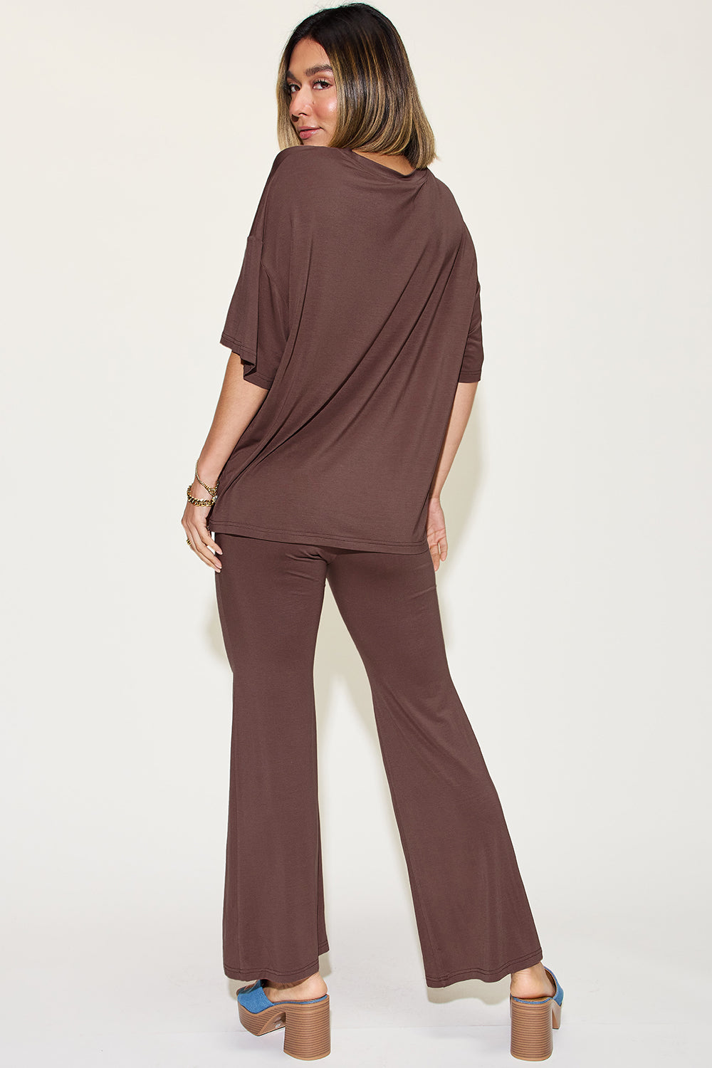 *Basic Bae* Bamboo Drop Shoulder T-Shirt and Flare Pants Set