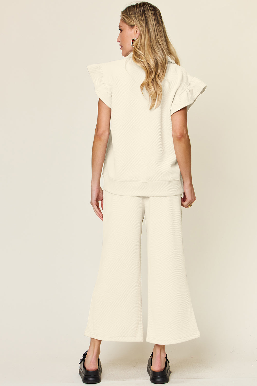 *Double Take* Texture Ruffle Short Sleeve Top and Drawstring Wide Leg Pants Set