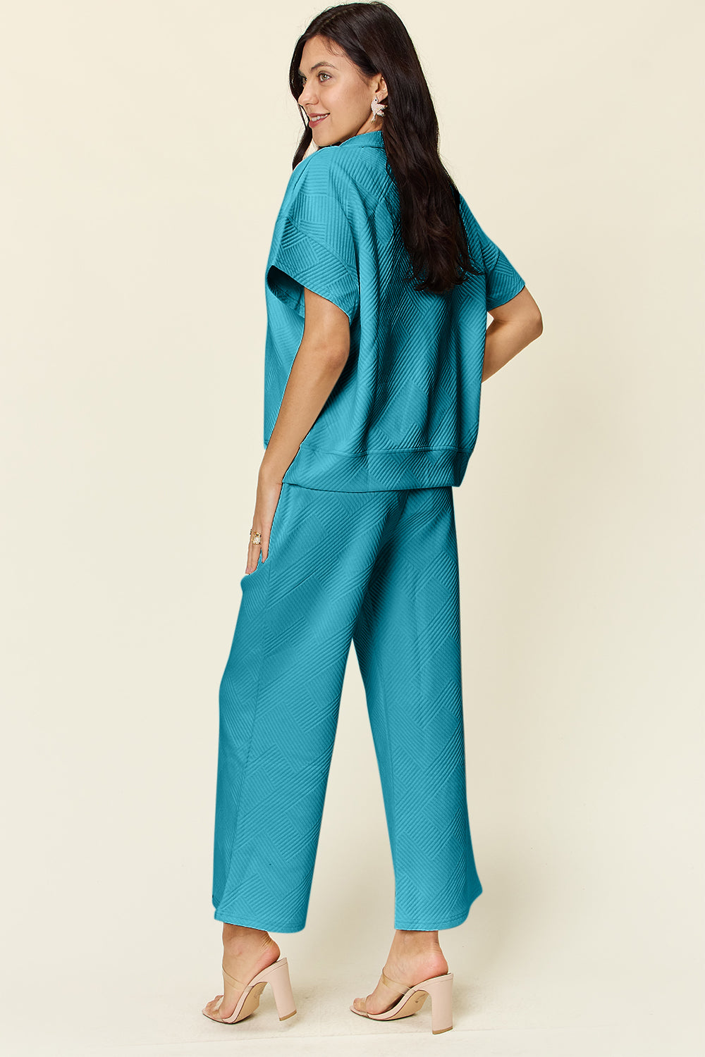 *Double Take* Texture Half Zip Short Sleeve Top and Pants Set