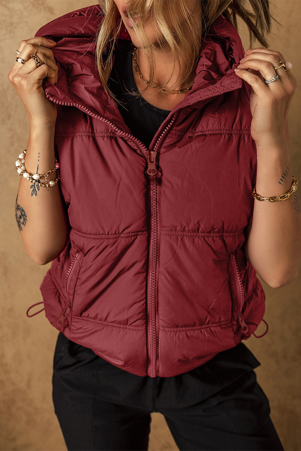 Drawstring Zip Up Hooded Vest Coat