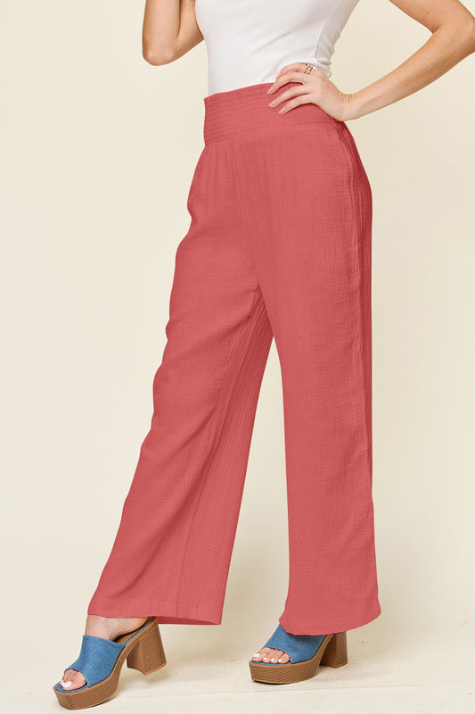 *Double Take* Texture Smocked Waist Wide Leg Pants