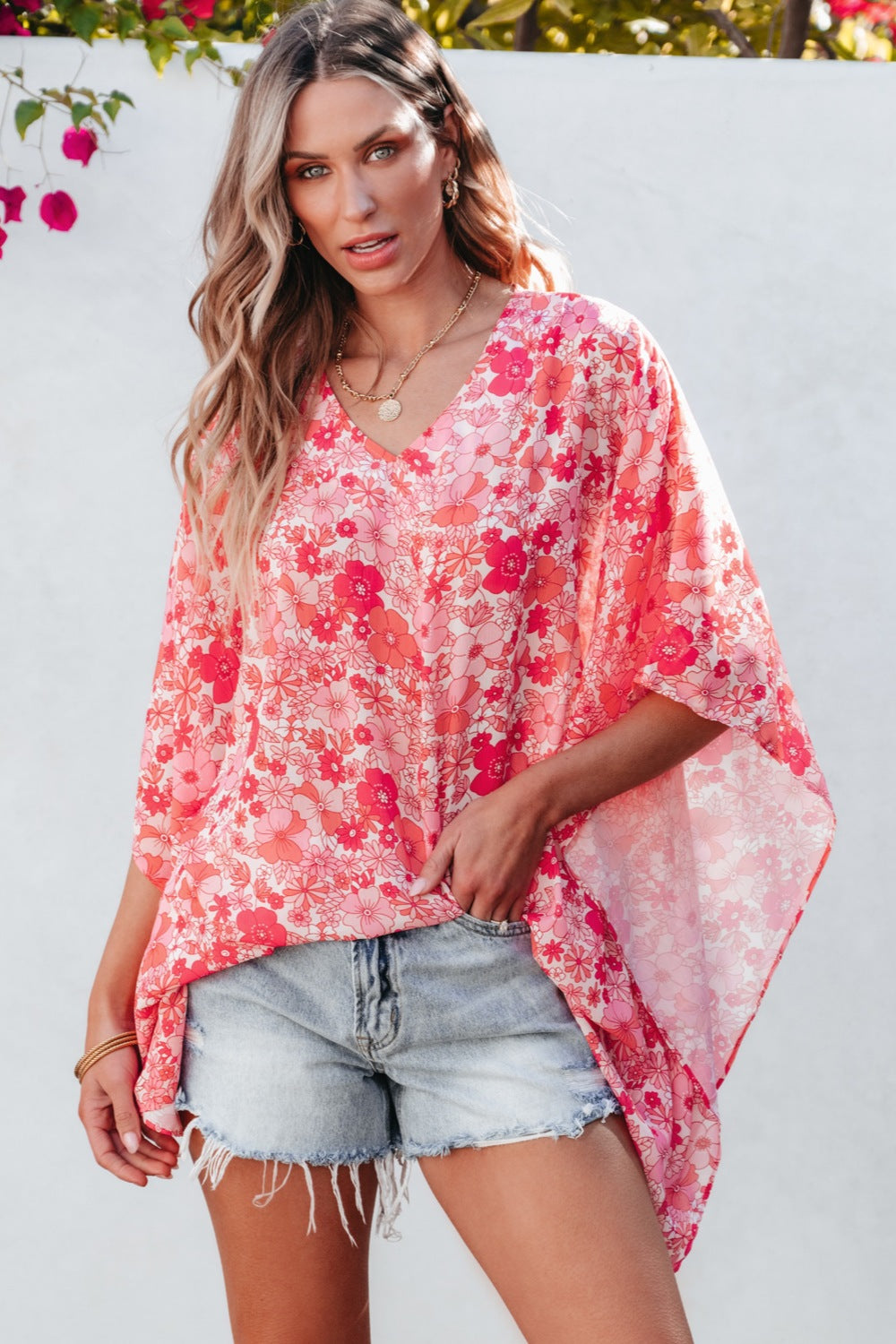 Floral V-Neck Butterfly Sleeve Blouse