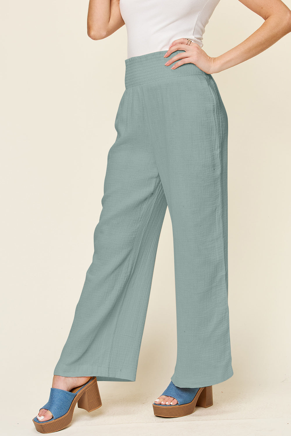 *Double Take* Texture Smocked Waist Wide Leg Pants