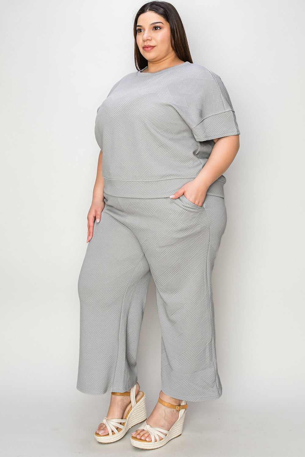 *Double Take* Texture Short Sleeve Top and Pants Set