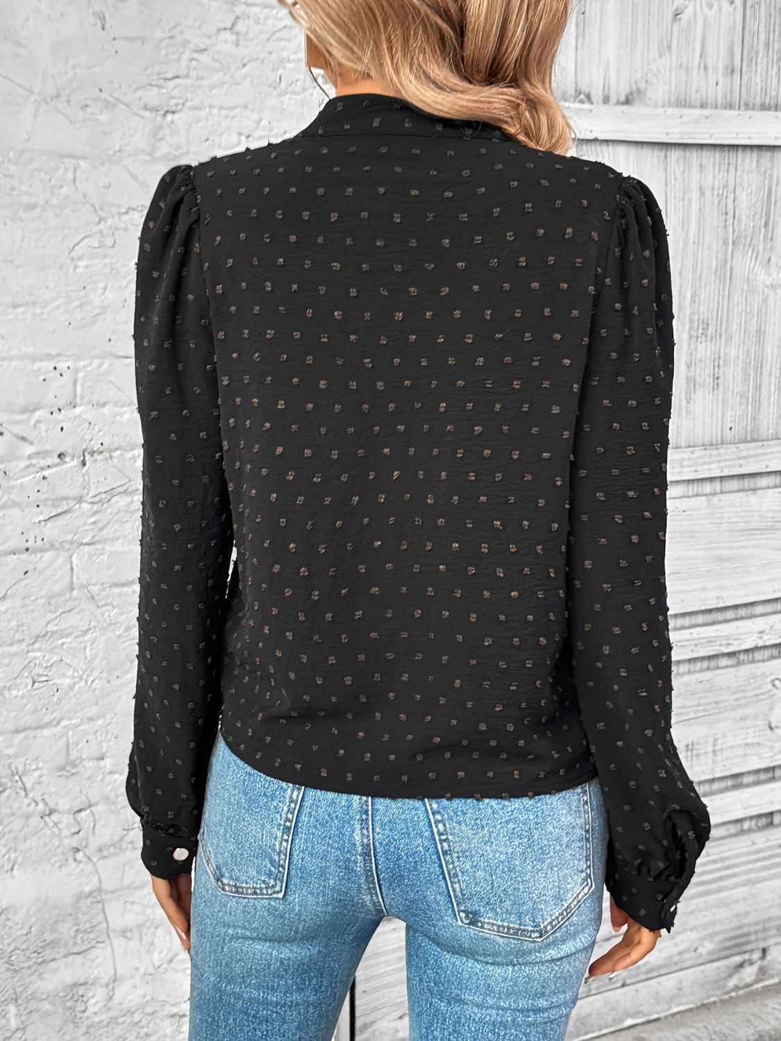 Swiss Dot Mock Neck Long Sleeve Blouse