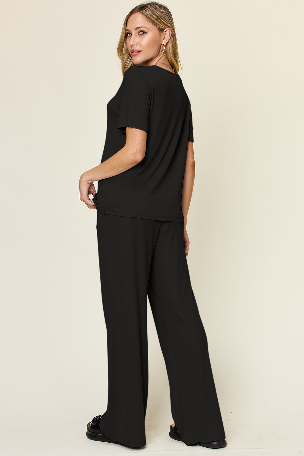 *Double Take* Round Neck Short Sleeve T-Shirt and Wide Leg Pants Set