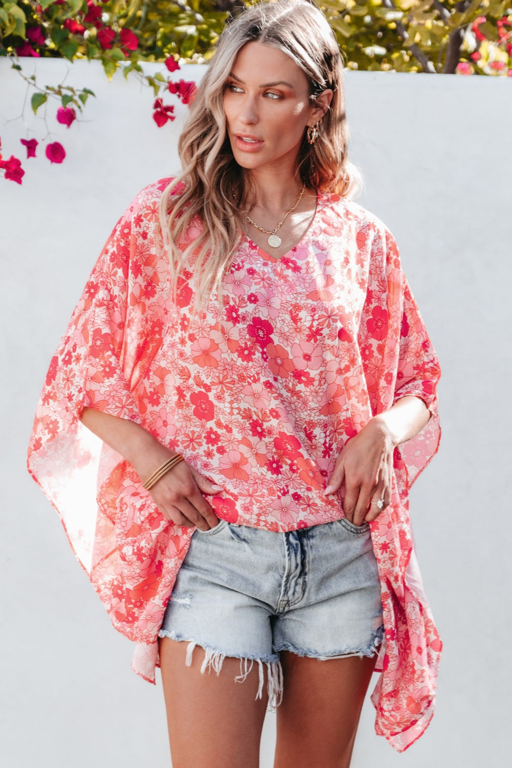 Floral V-Neck Butterfly Sleeve Blouse