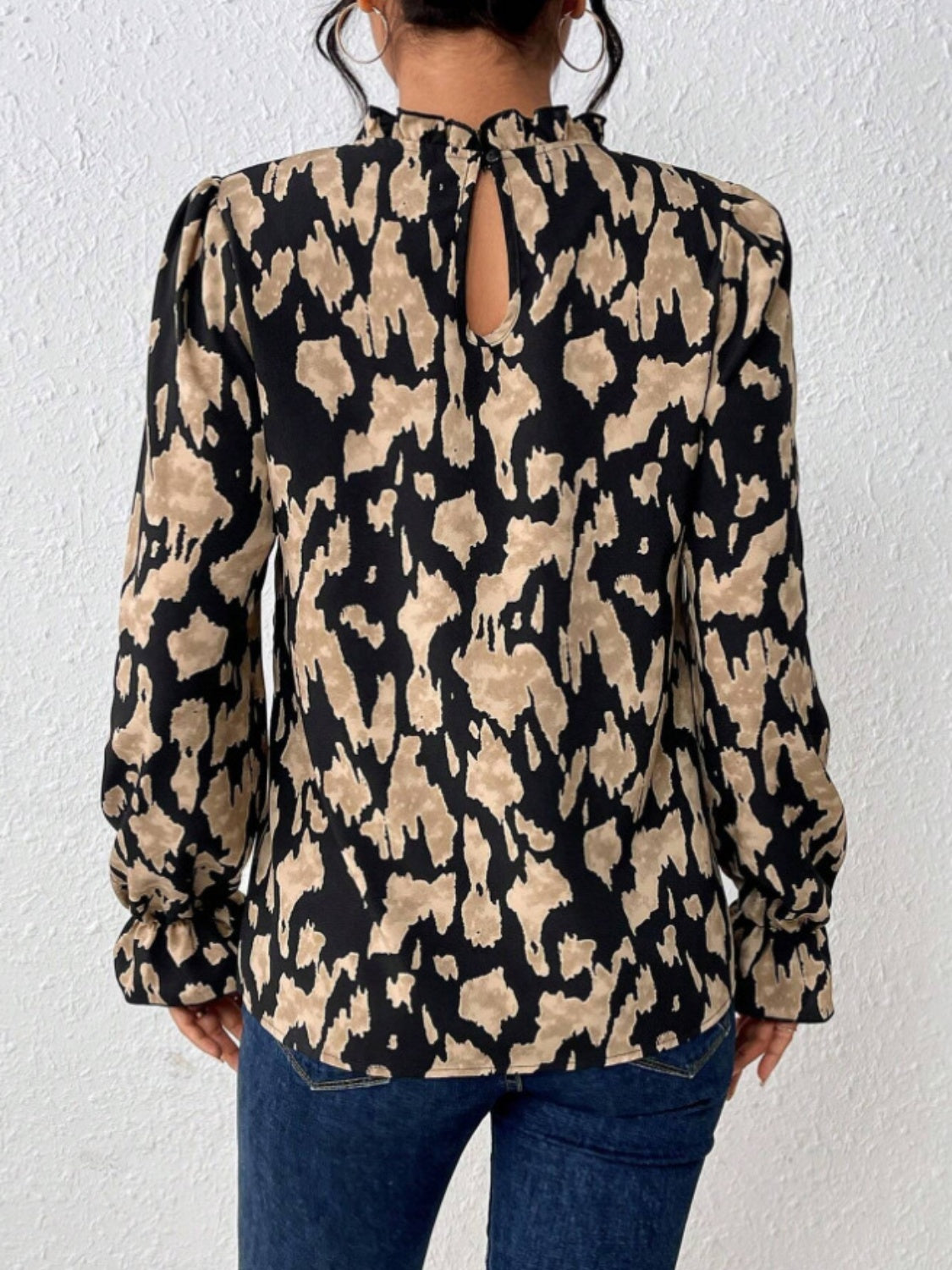 Frill Leopard Mock Neck Flounce Sleeve Blouse