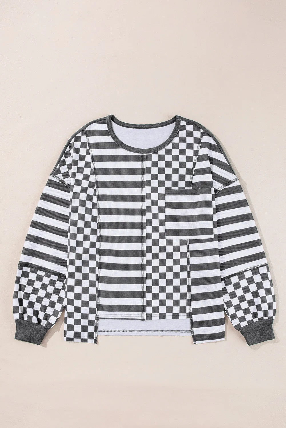 Checker & Stripes Round Neck Long Sleeve Blouse