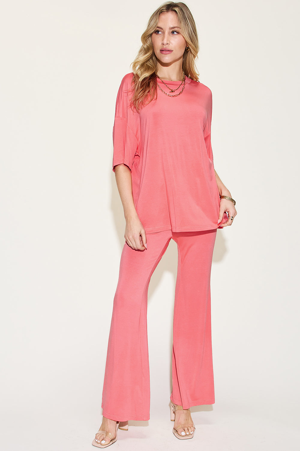 *Basic Bae* Bamboo Drop Shoulder T-Shirt and Flare Pants Set