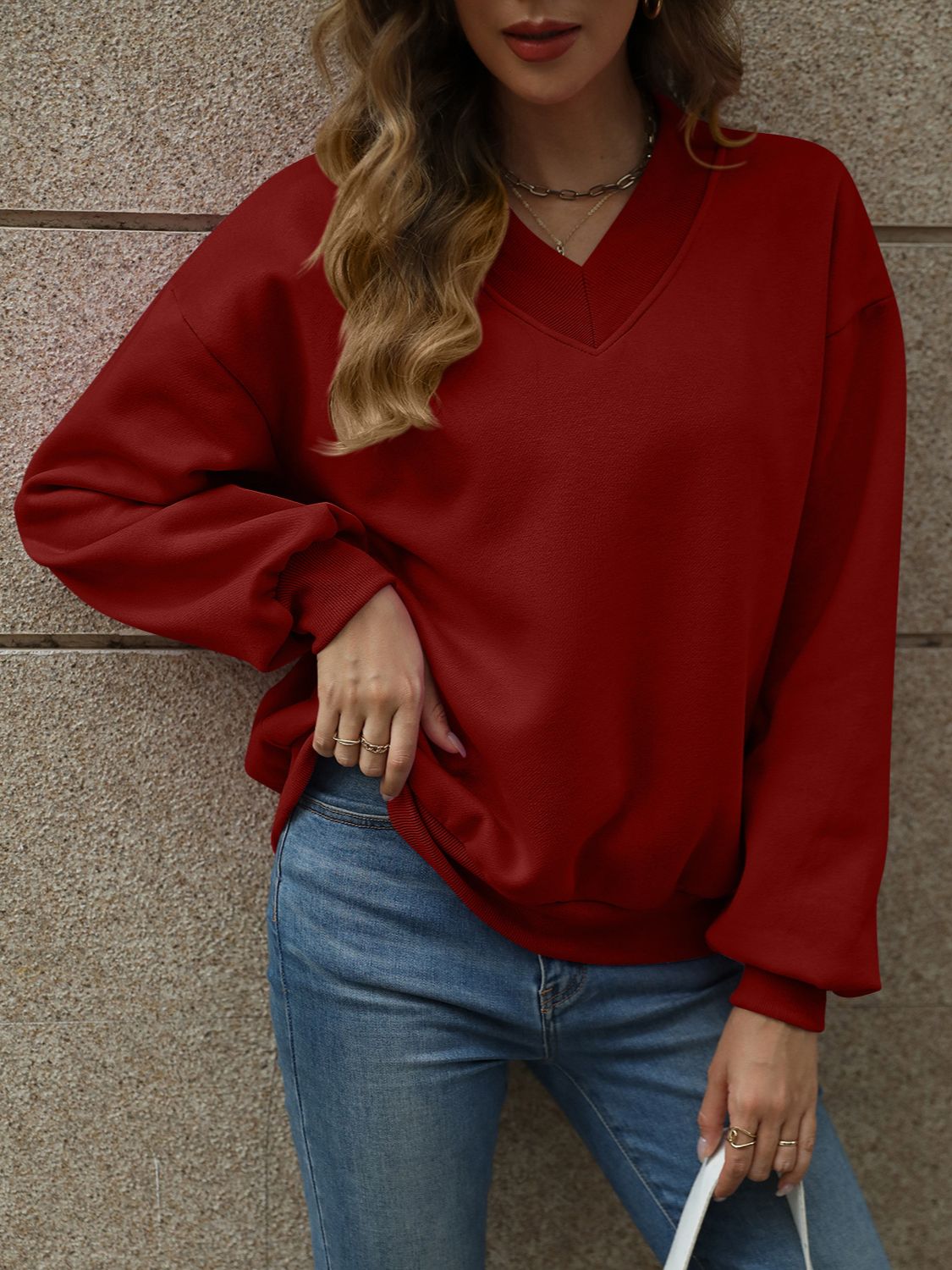 V-Neck Long Sleeve Dropped Shoulder Sweatshirt