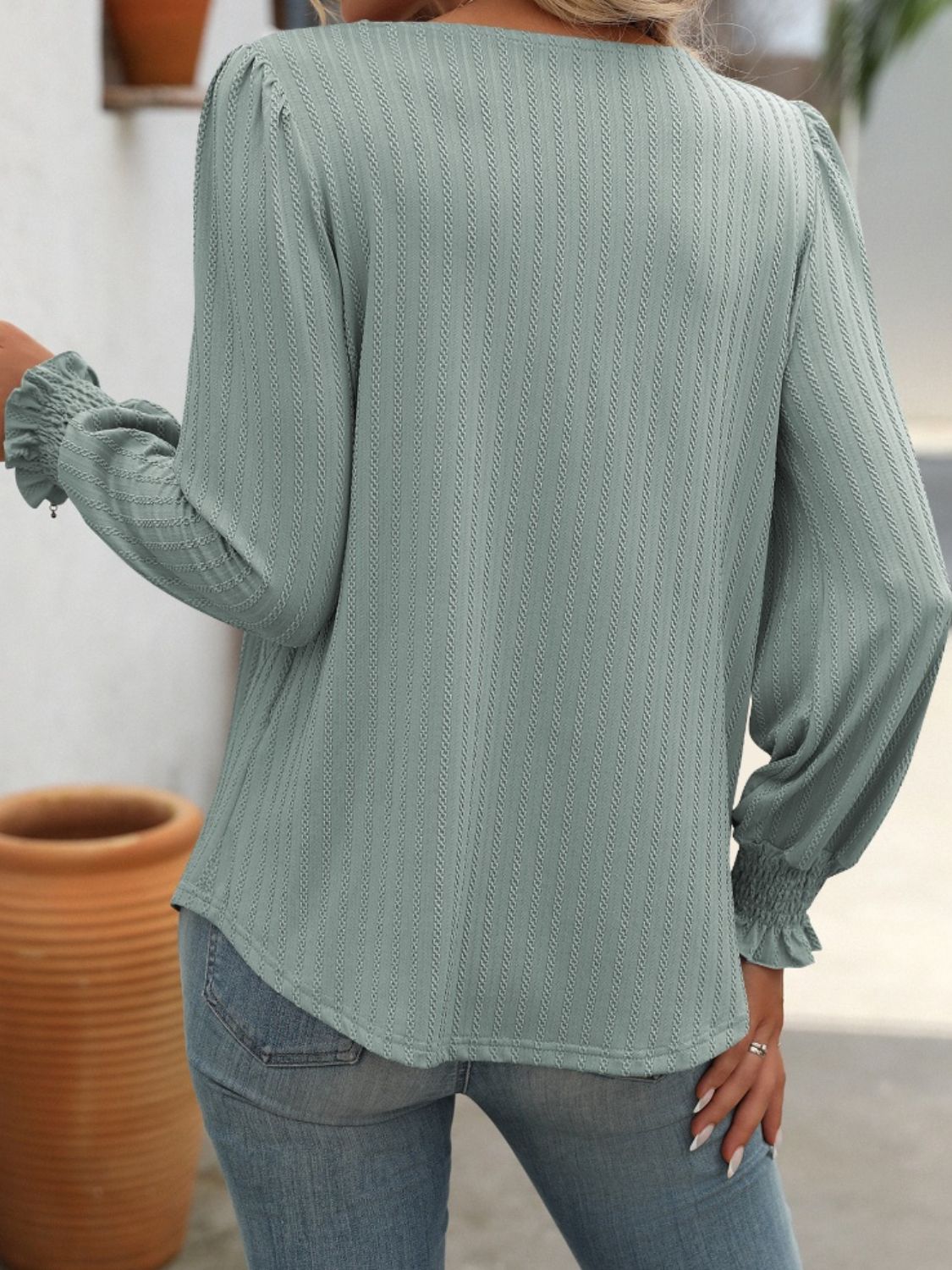 Square Neck Front Pleat Long Sleeve Top