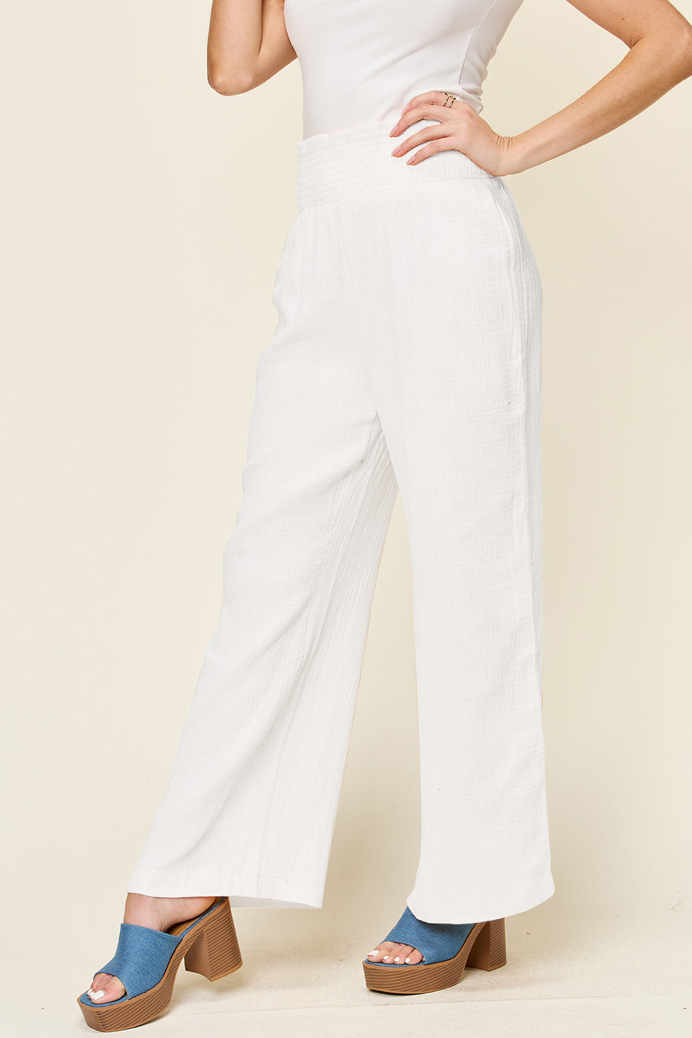 *Double Take* Texture Smocked Waist Wide Leg Pants