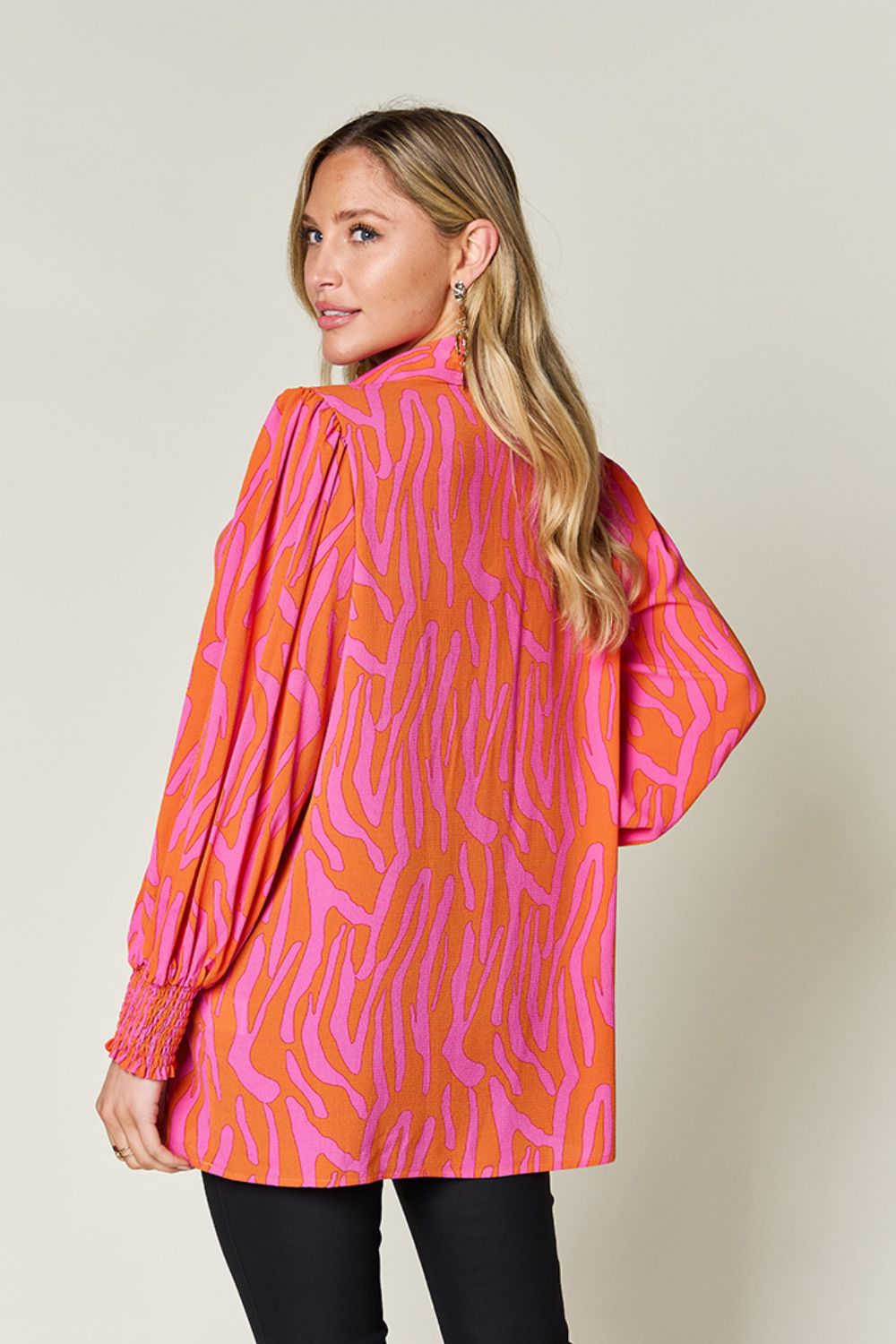 *Double Take* Printed Smocked Long Sleeve Blouse