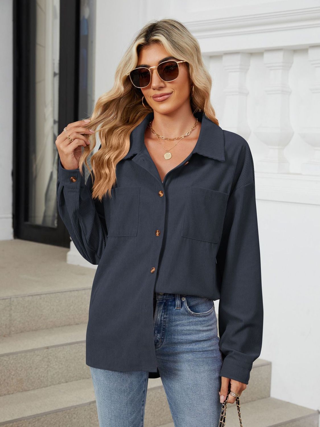 Button Up Long Sleeve Shirt with Breast Pockets