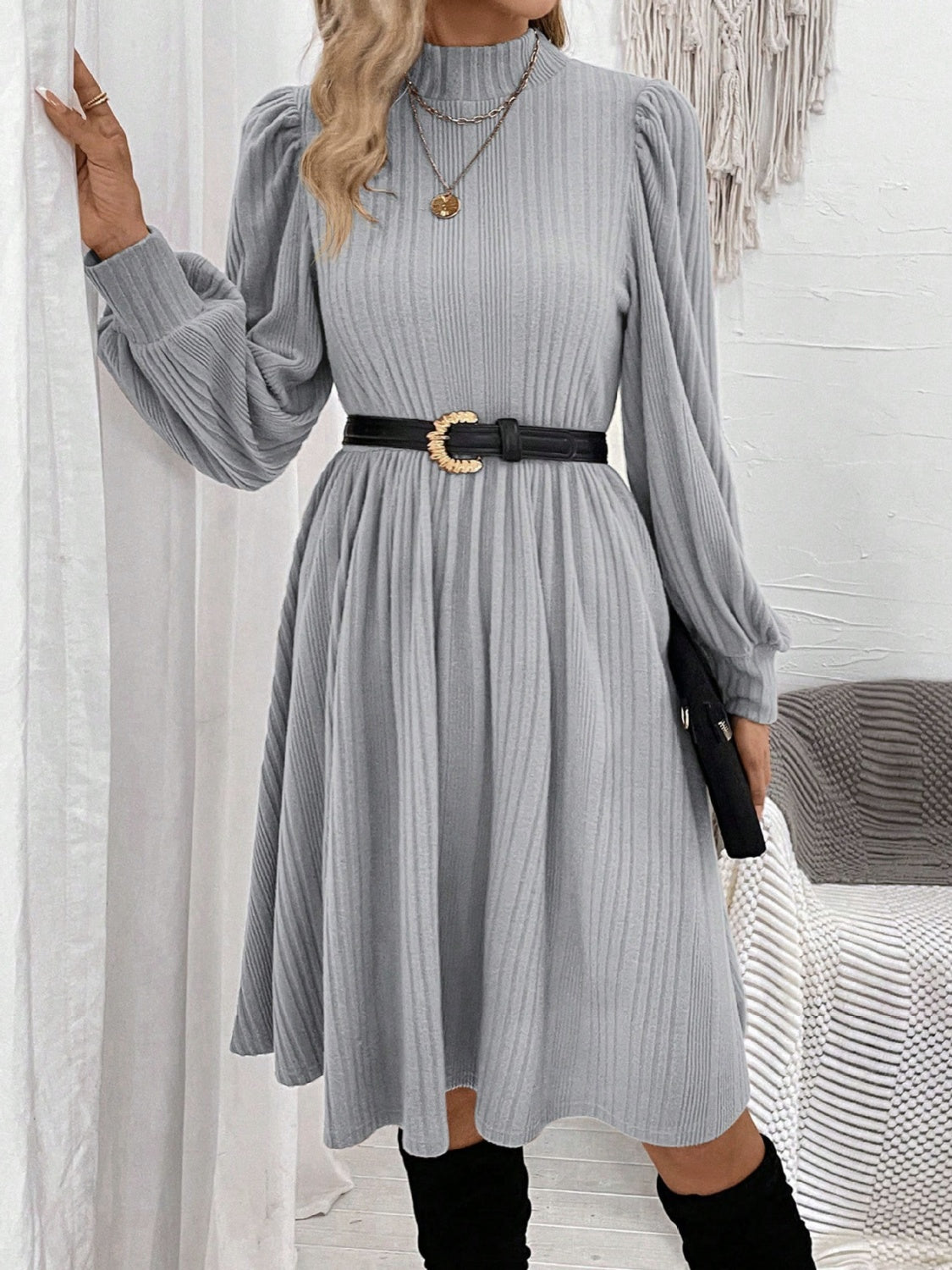 Textured Turtleneck Long Sleeve Dress