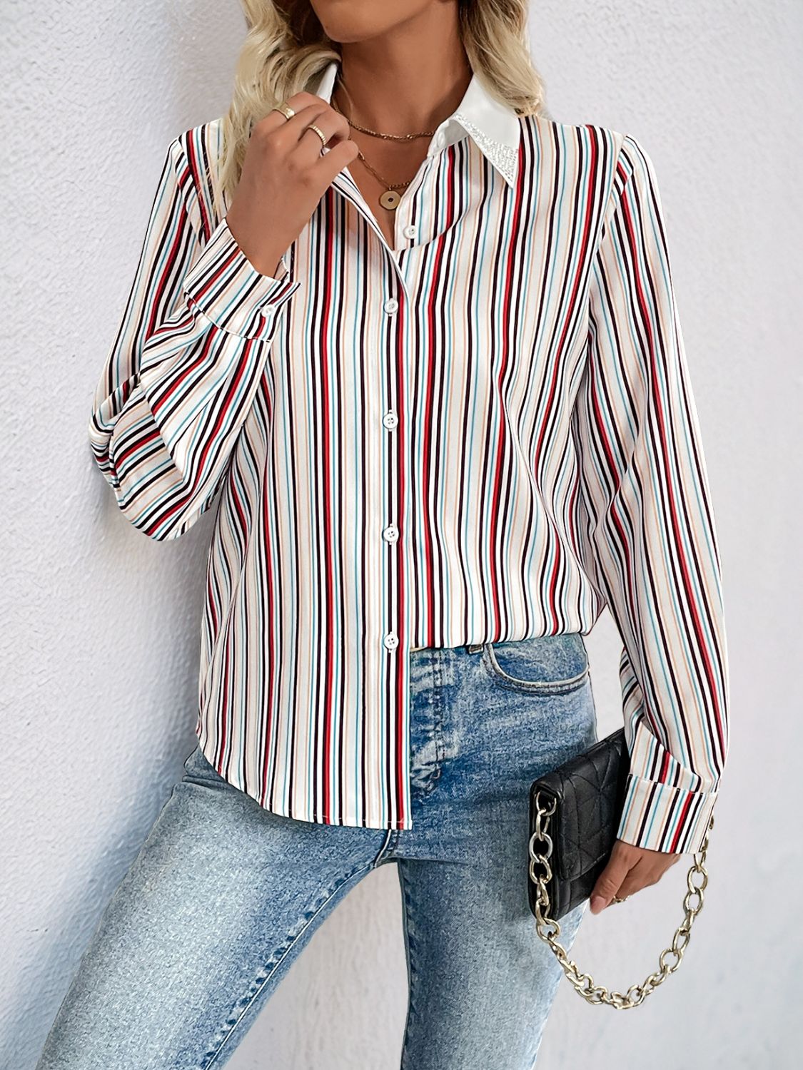 Perfee Contrast Striped Collared Neck Long Sleeve Shirt