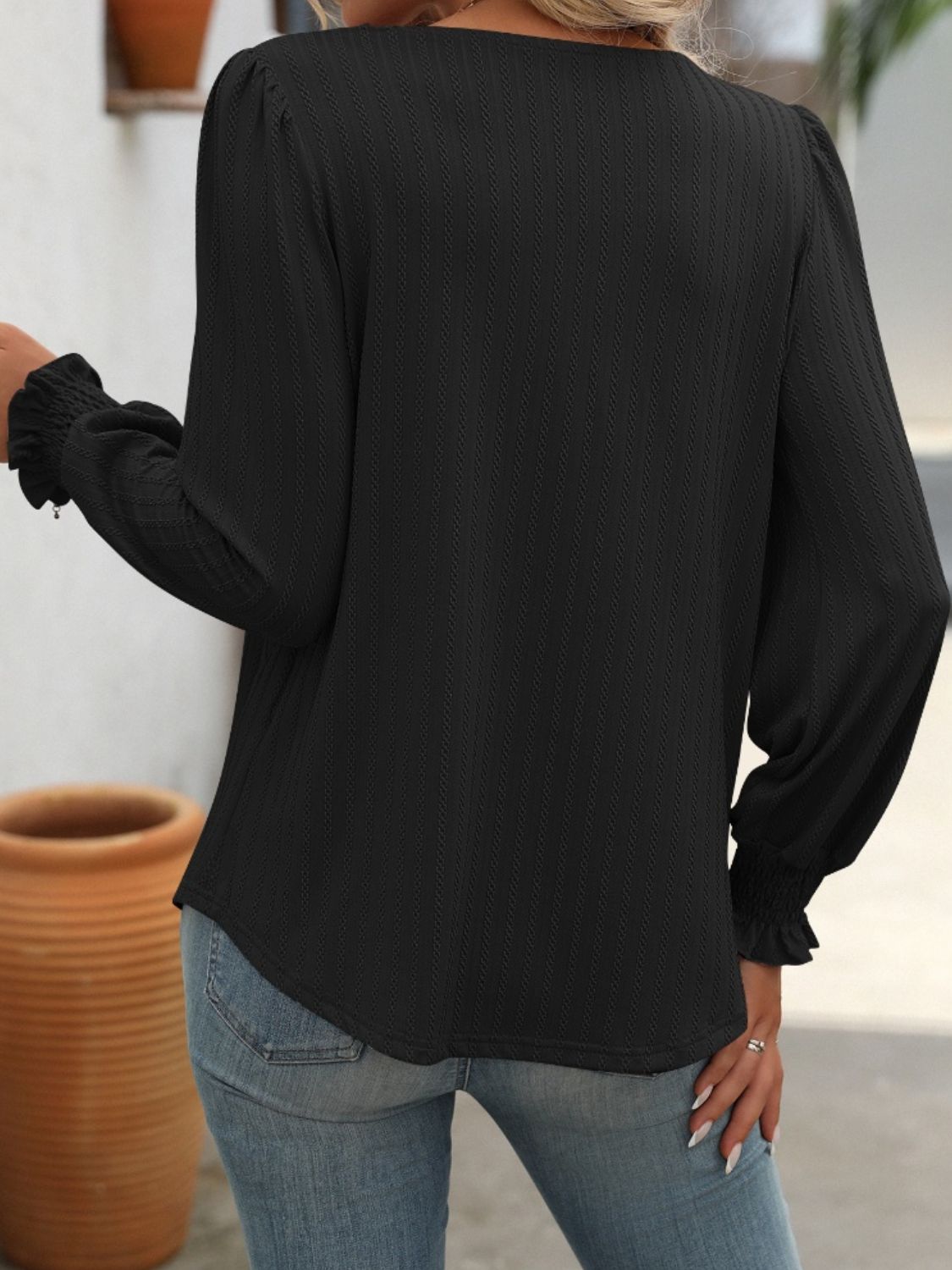 Square Neck Front Pleat Long Sleeve Top