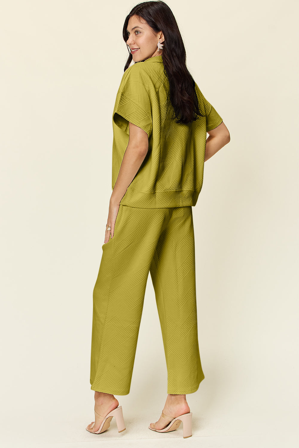 *Double Take* Texture Half Zip Short Sleeve Top and Pants Set