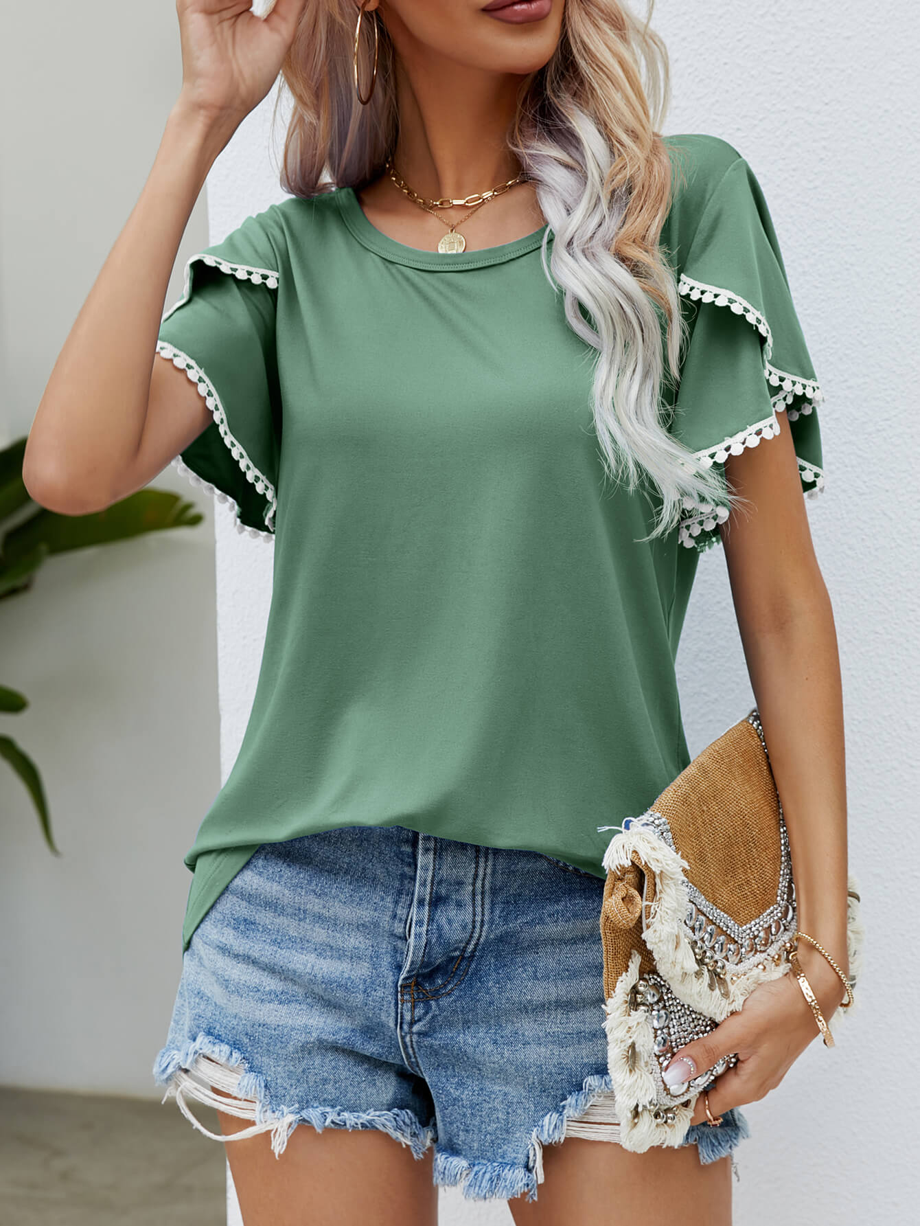 Pom-Pom Trim Flutter Sleeve Tee