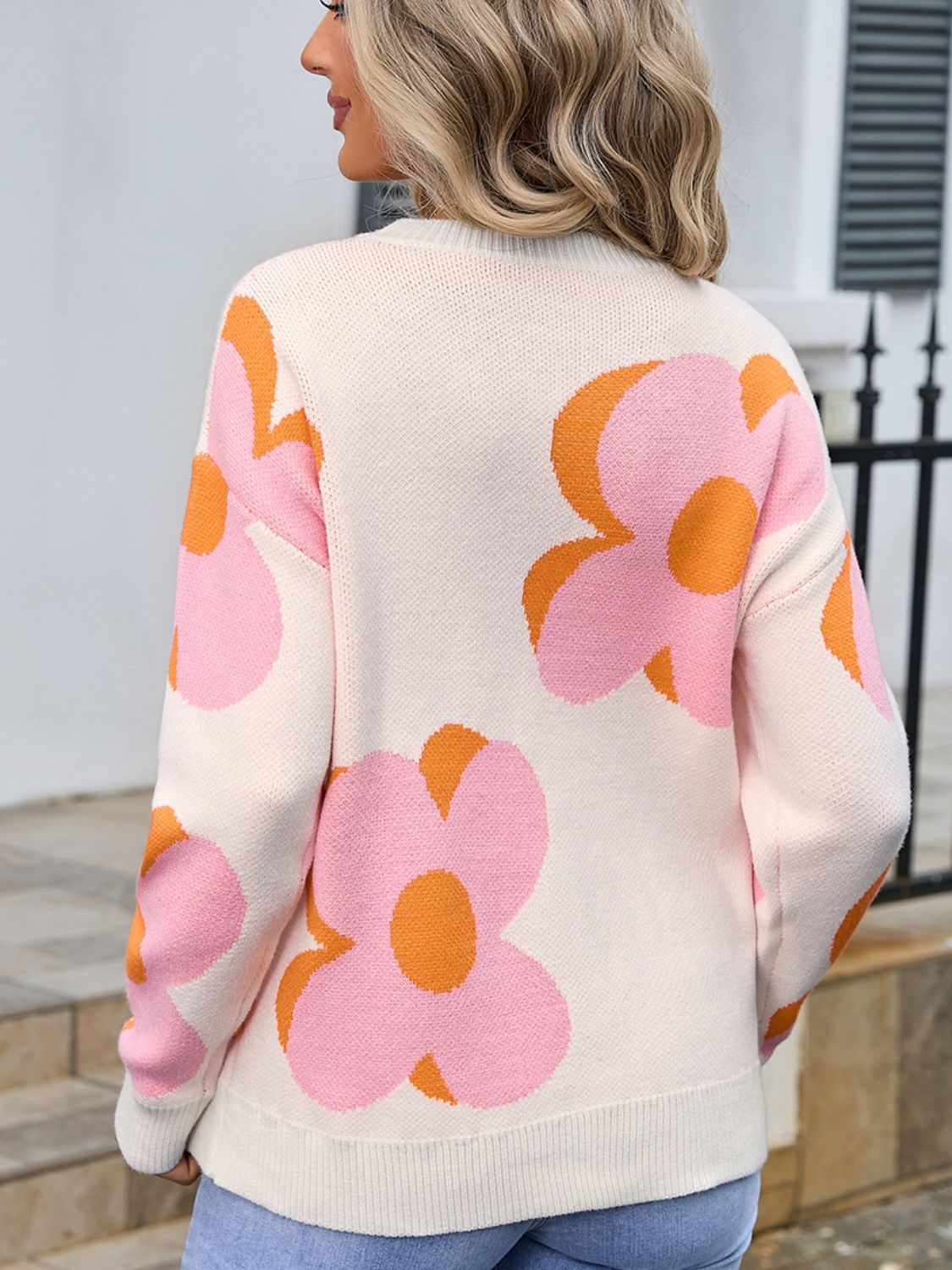 Flower Round Neck Long Sleeve Sweater