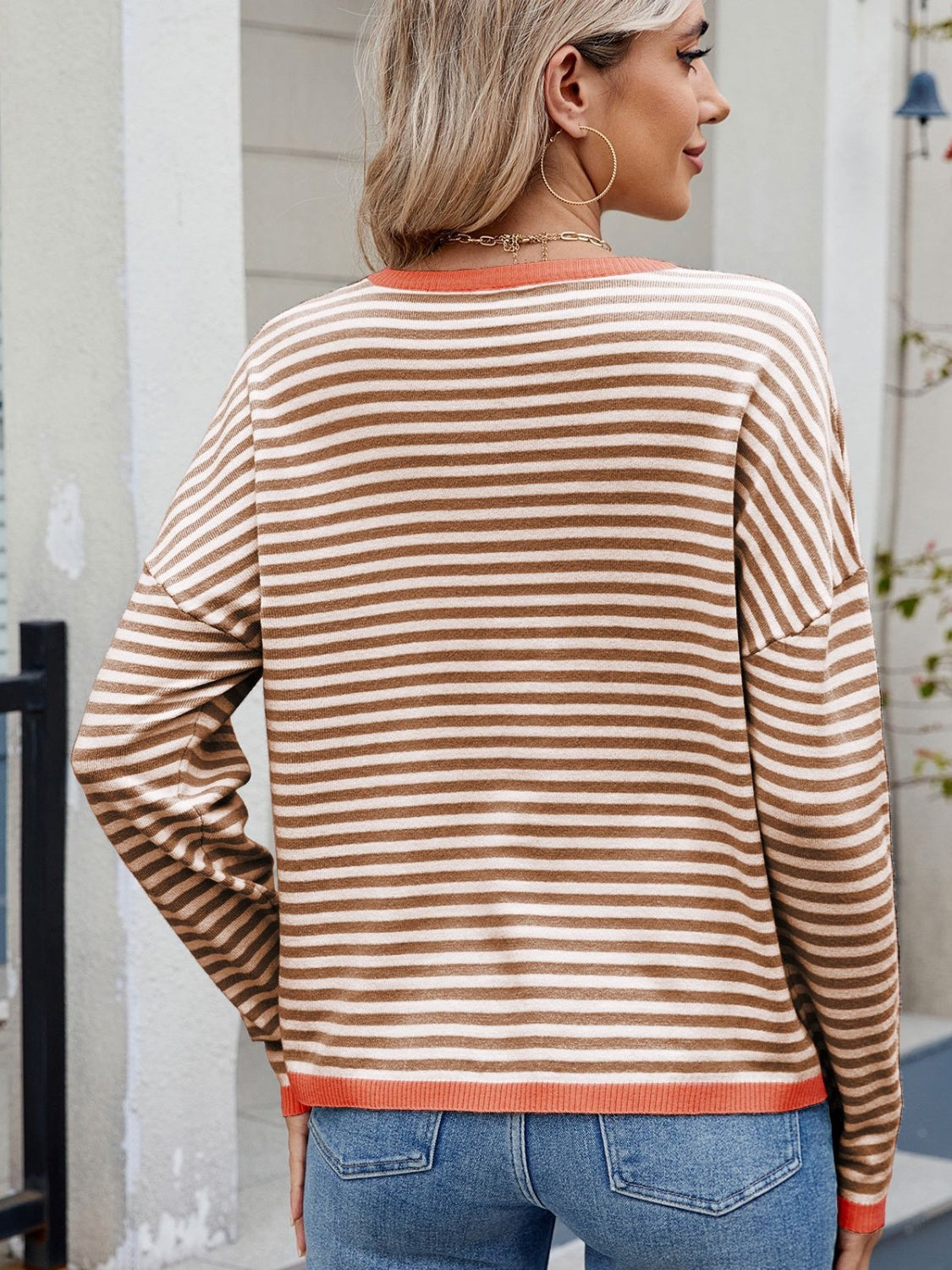 Striped Contrast Round Neck Long Sleeve Sweater