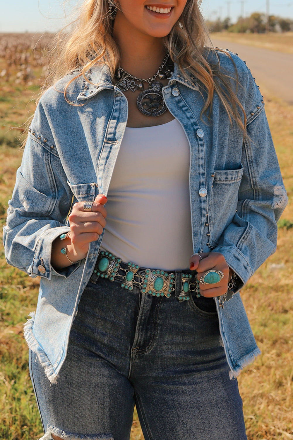 Studded Acid Wash Long Sleeve Denim Jacket