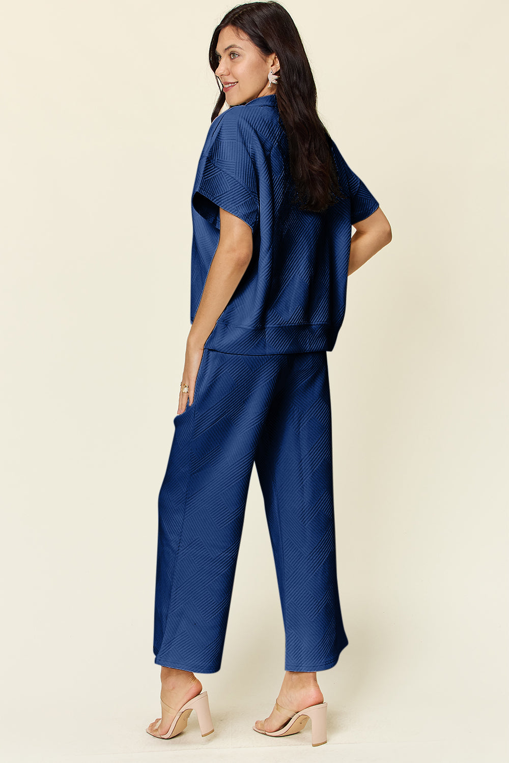 *Double Take* Texture Half Zip Short Sleeve Top and Pants Set