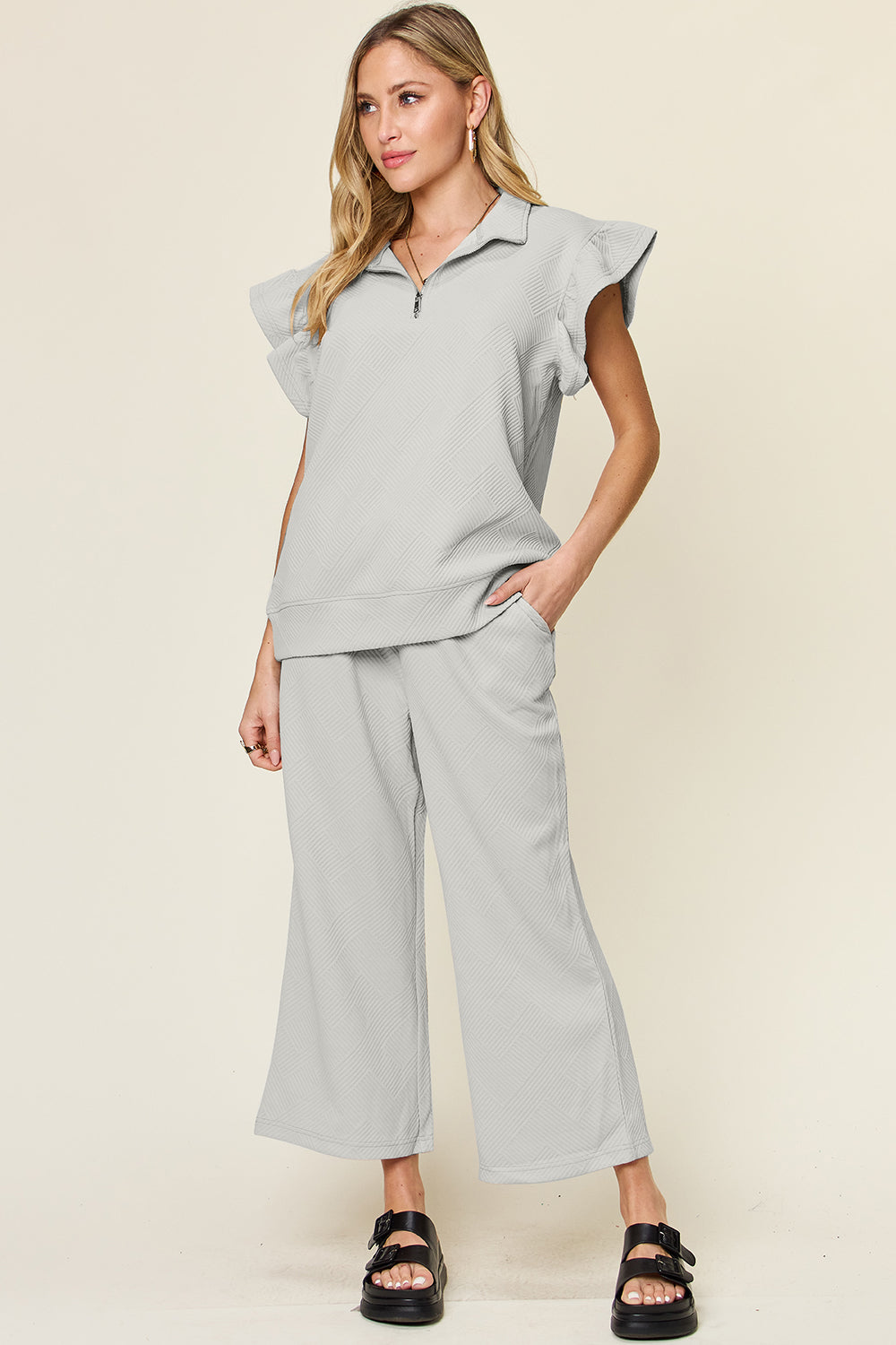 *Double Take* Texture Ruffle Short Sleeve Top and Drawstring Wide Leg Pants Set