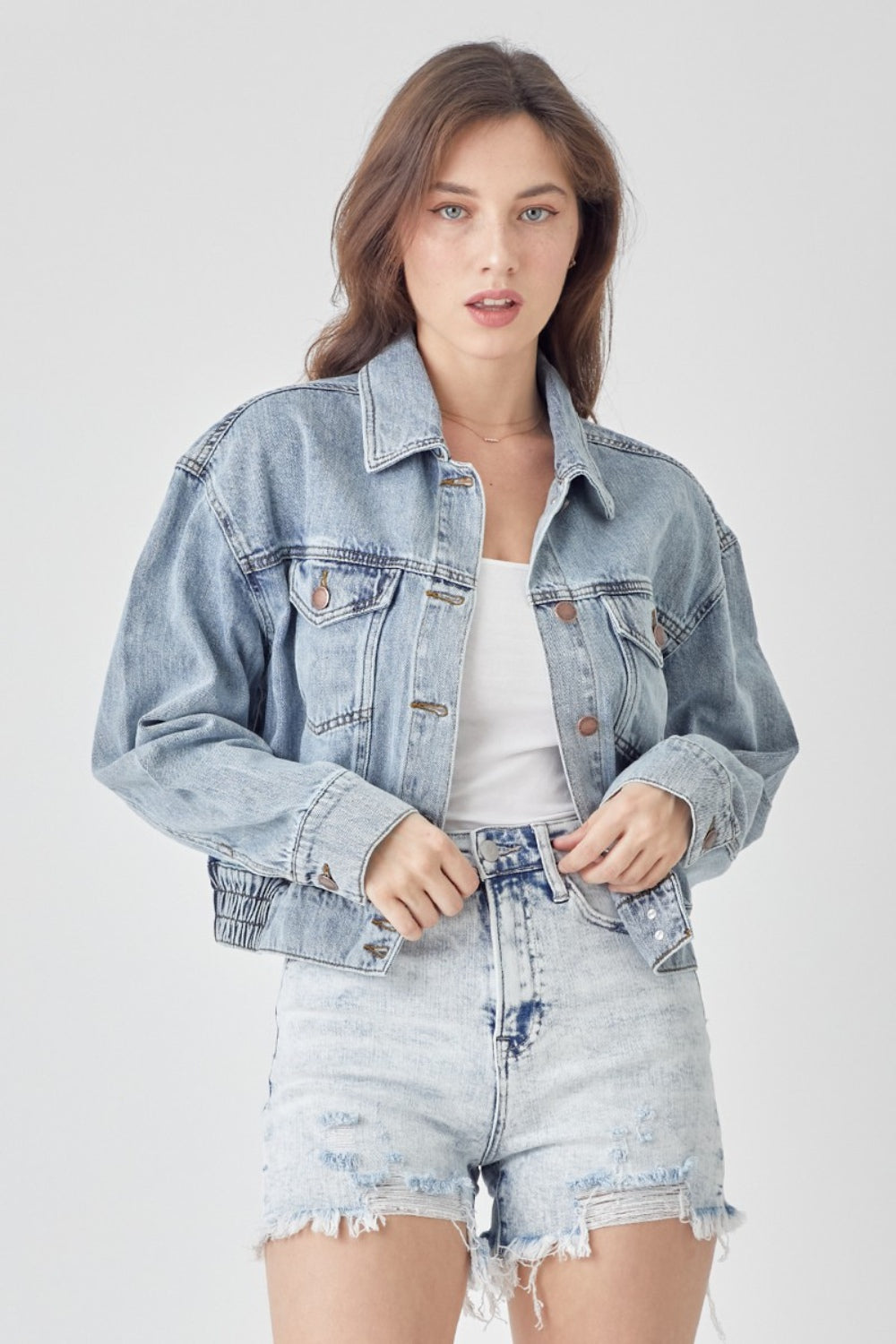 *RISEN* Button Down Cropped Denim Jacket