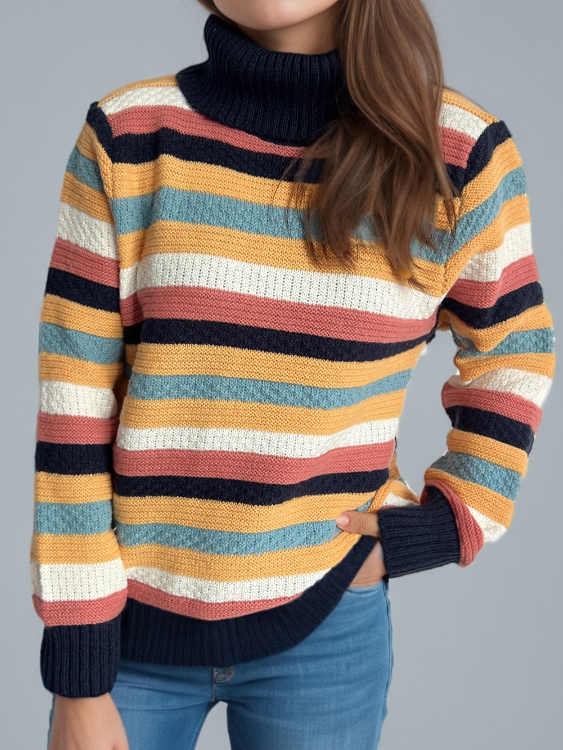 Contrast Stripes Turtleneck Long Sleeve Sweater