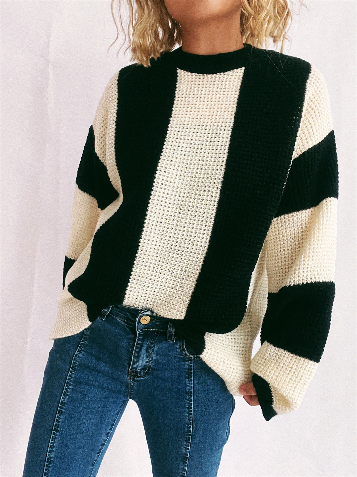 Color Block Round Neck Long Sleeve Sweater